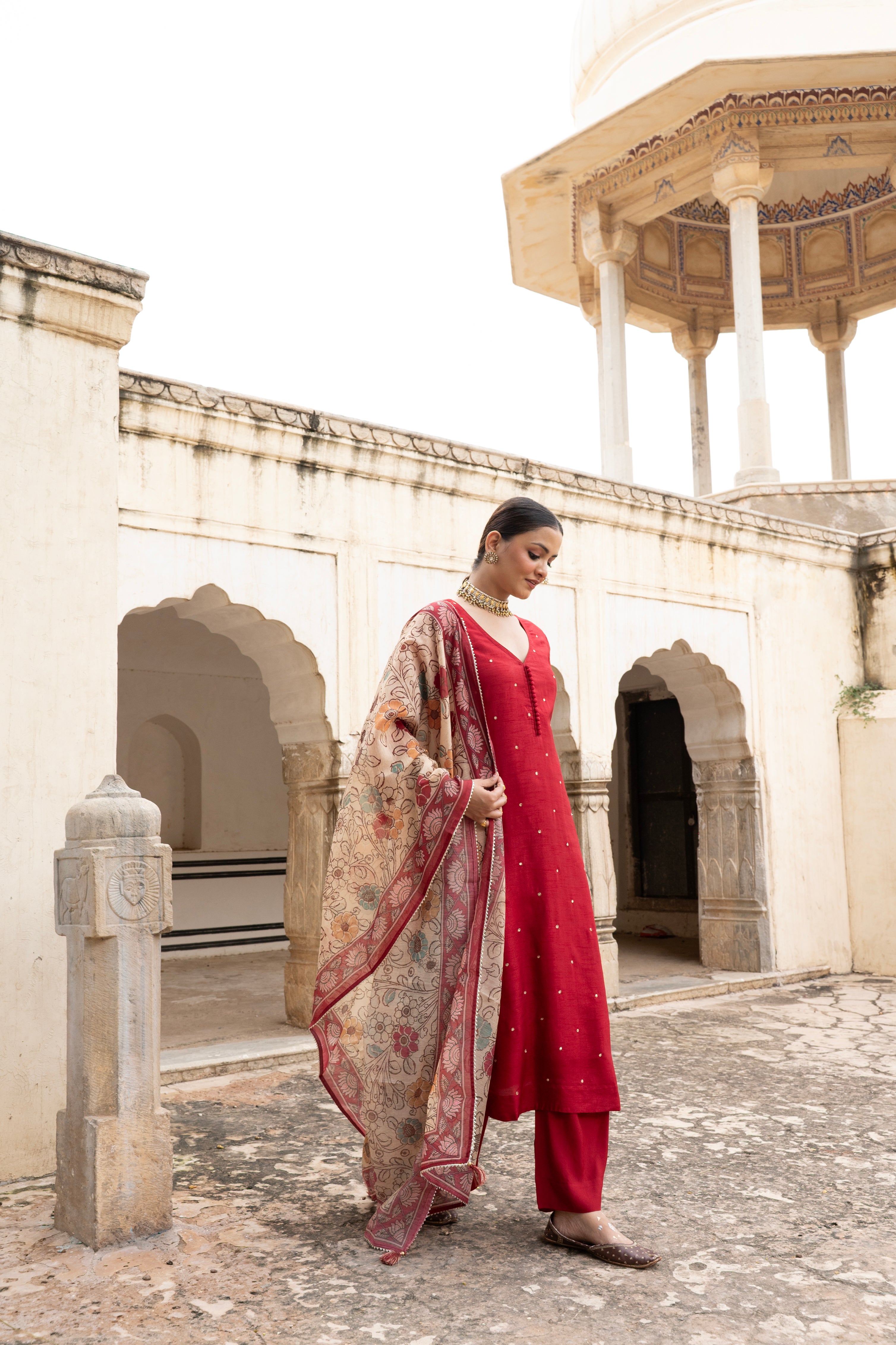Maroon Embellished Dola Silk Pant Set