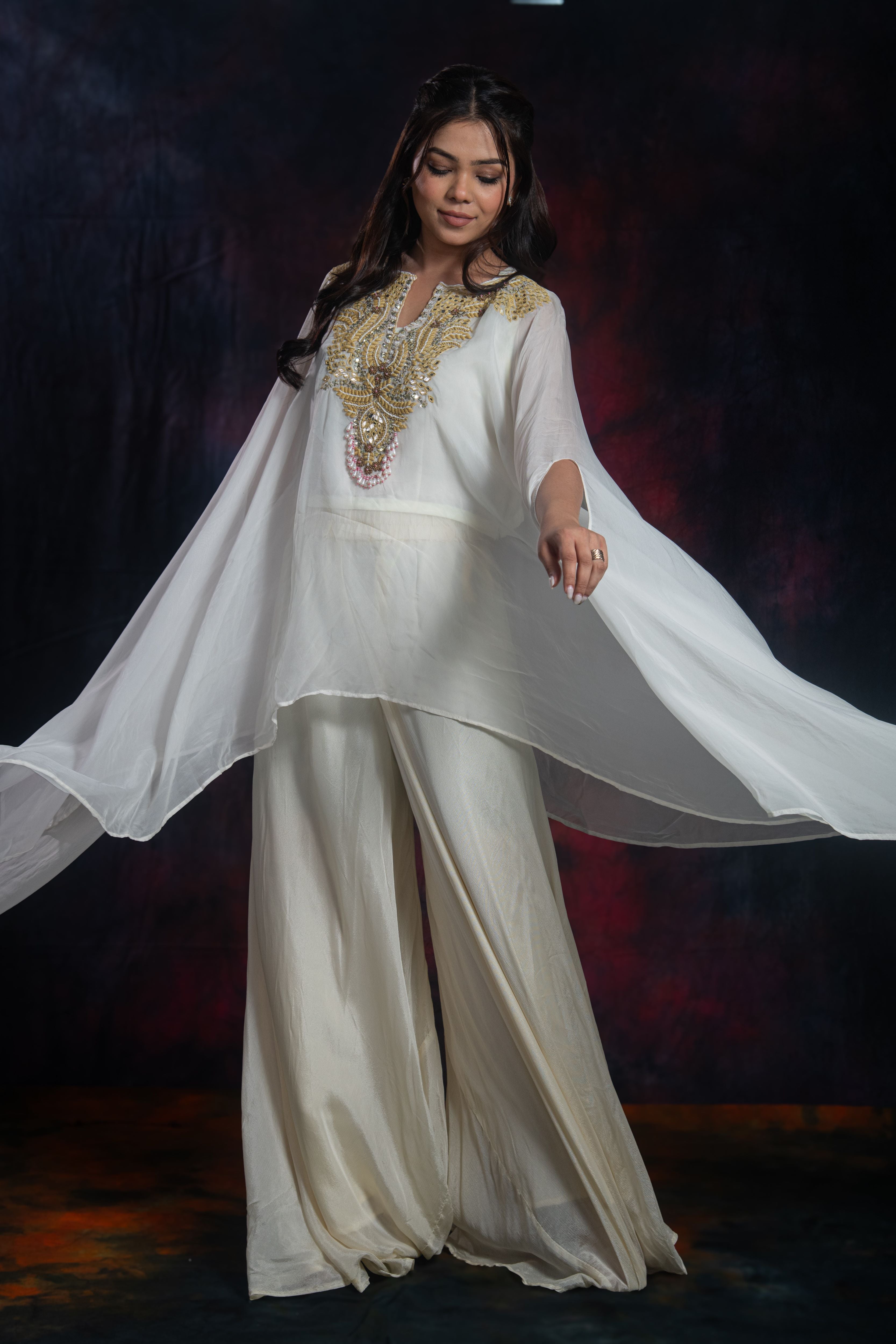 Ivory Embroidered Chinon Silk Kaftan Set