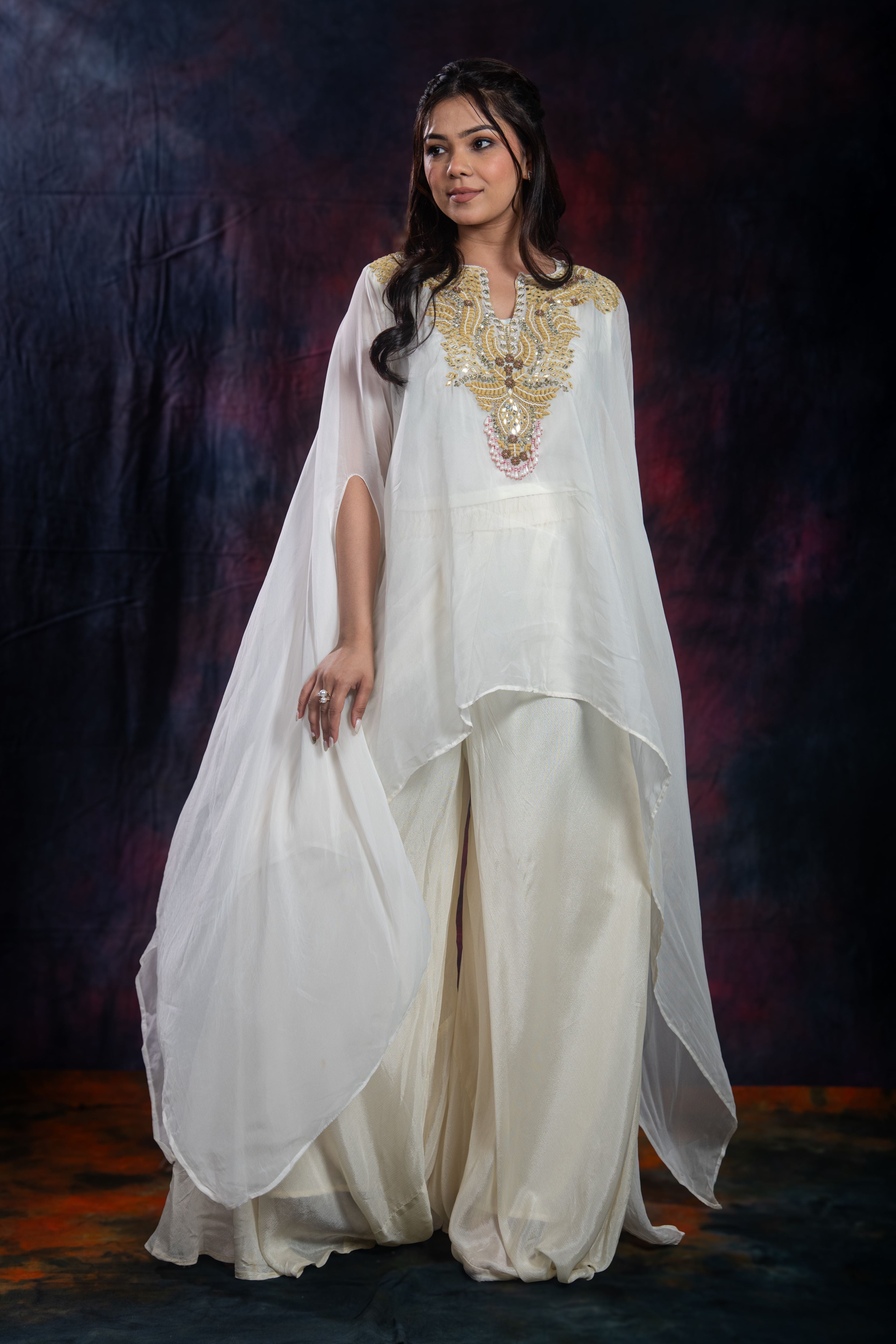 Ivory Embroidered Chinon Silk Kaftan Set