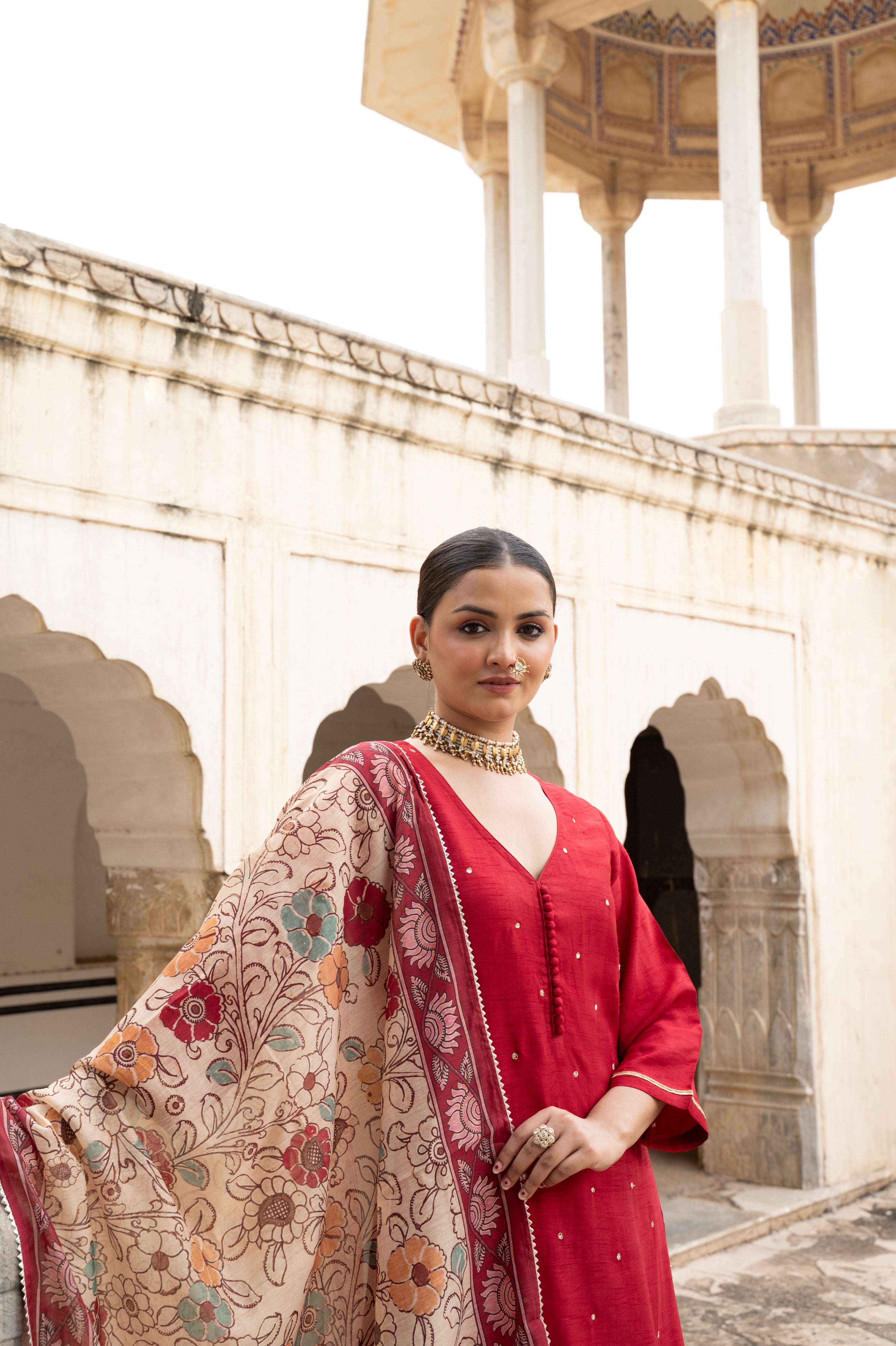 Maroon Embellished Dola Silk Pant Set