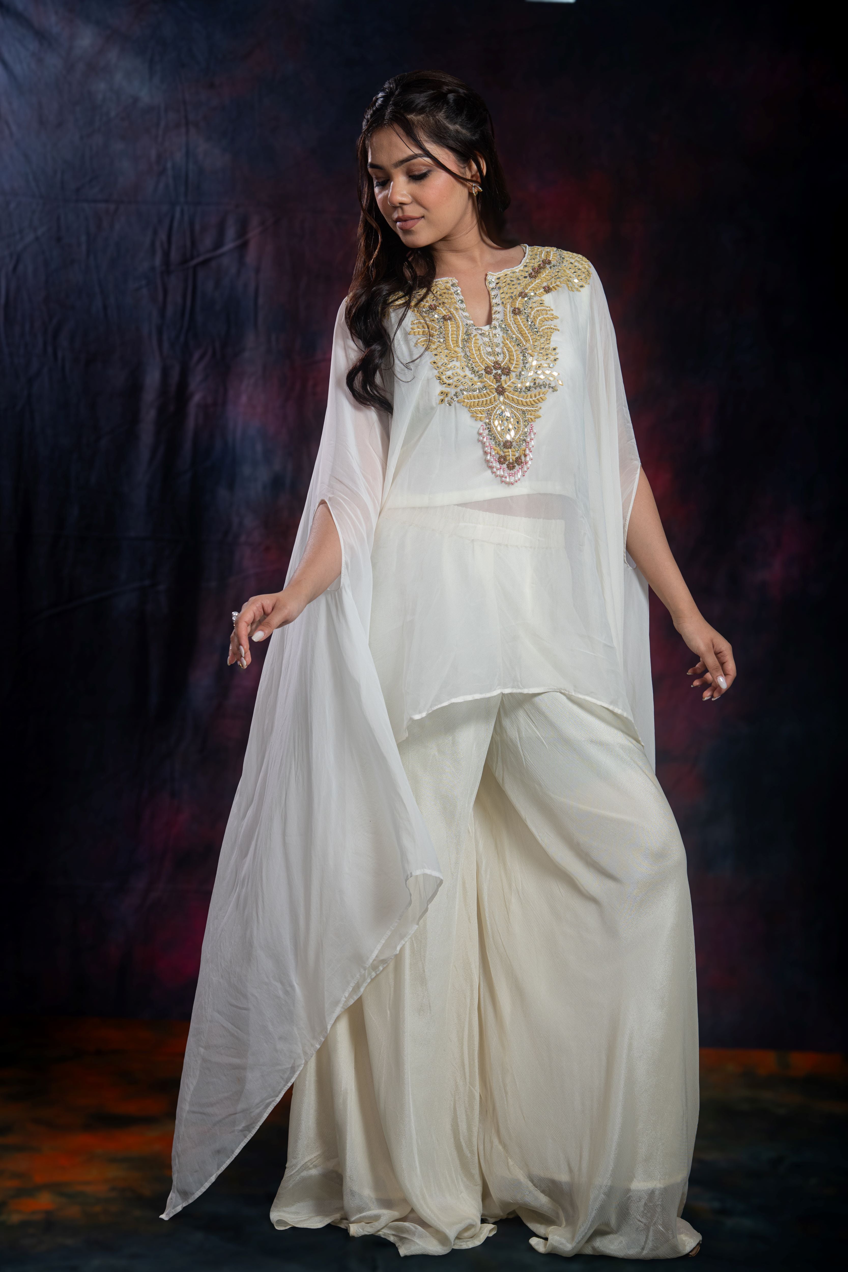 Ivory Embroidered Chinon Silk Kaftan Set