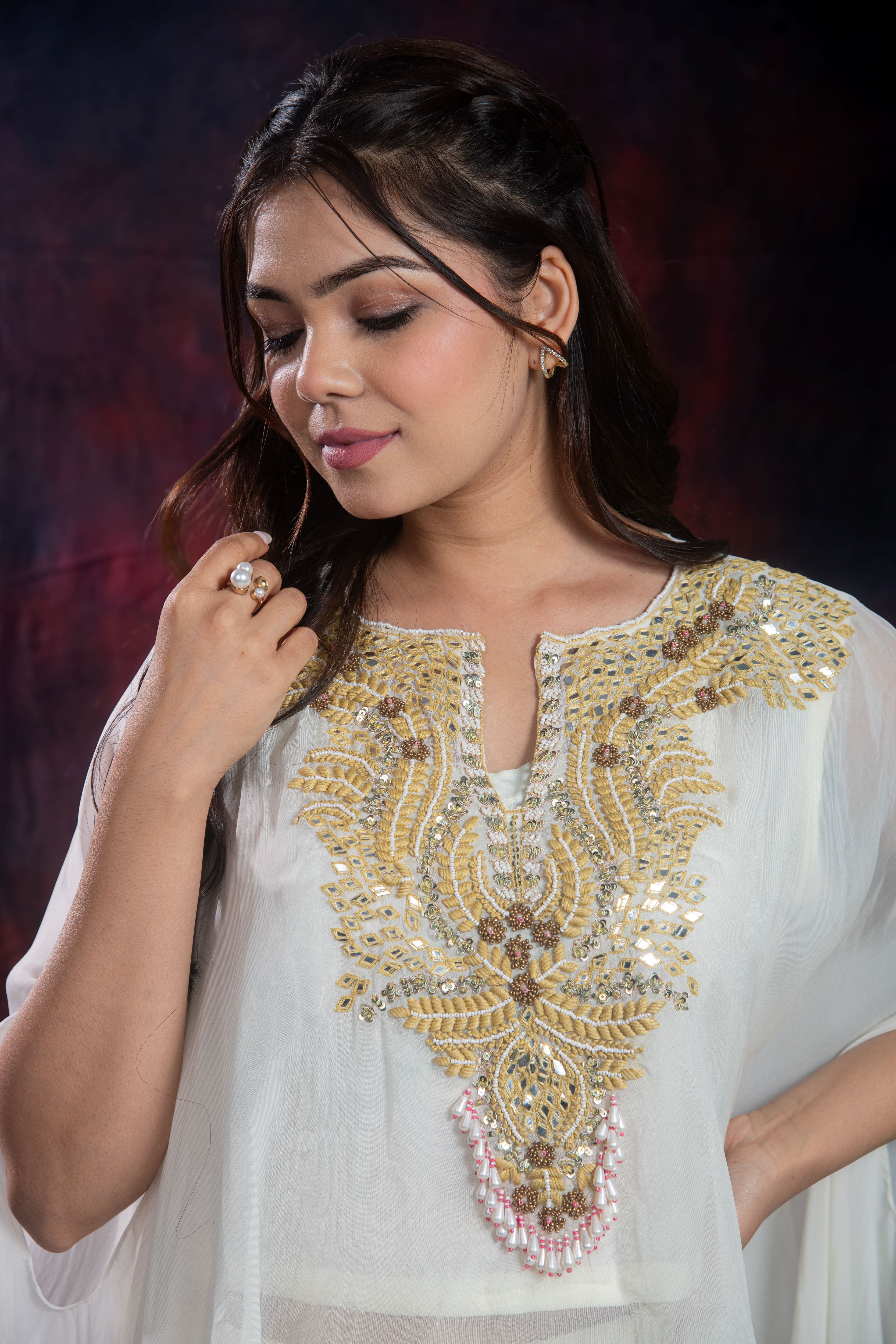 Ivory Embroidered Chinon Silk Kaftan Set