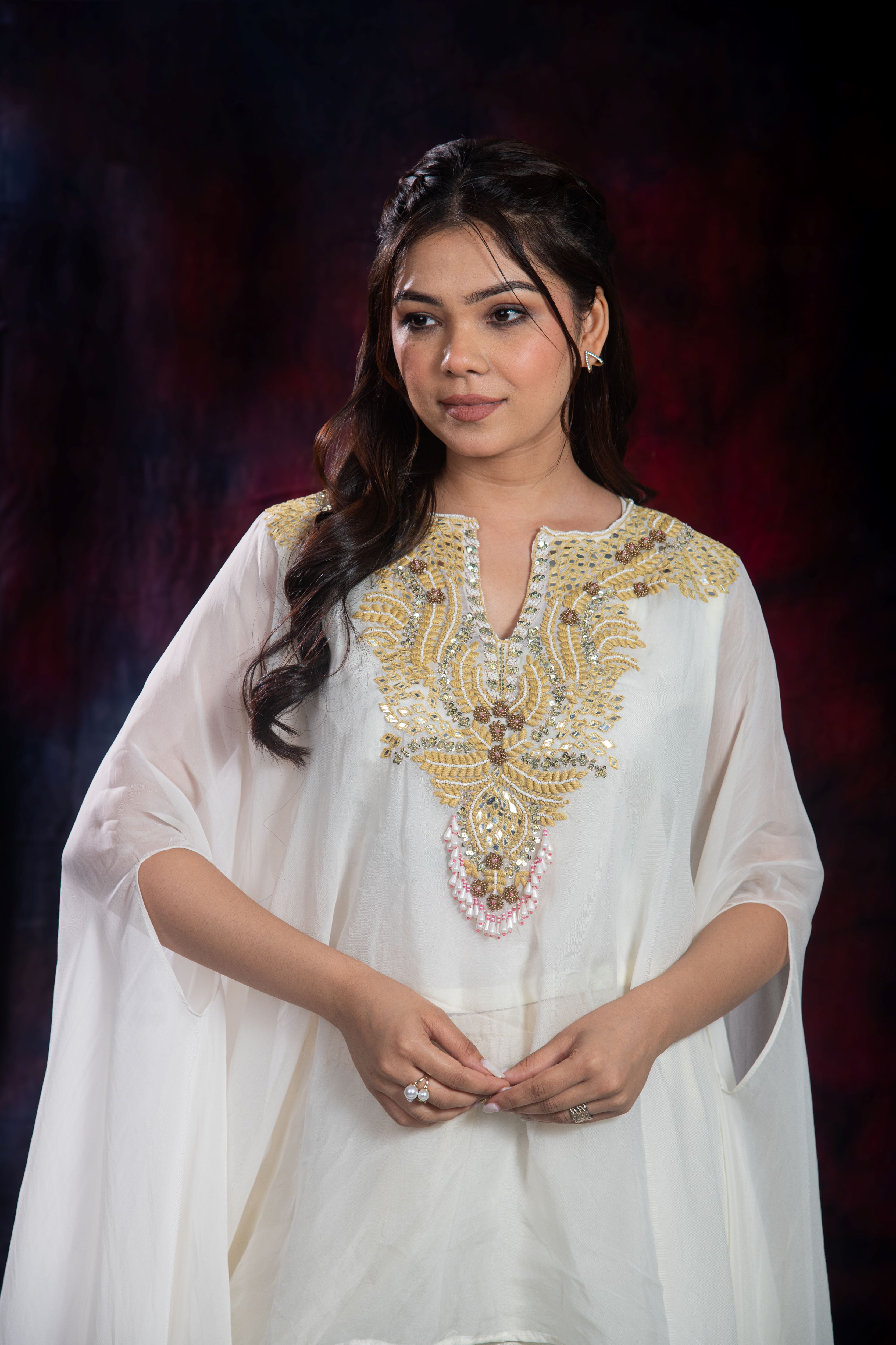 Ivory Embroidered Chinon Silk Kaftan Set