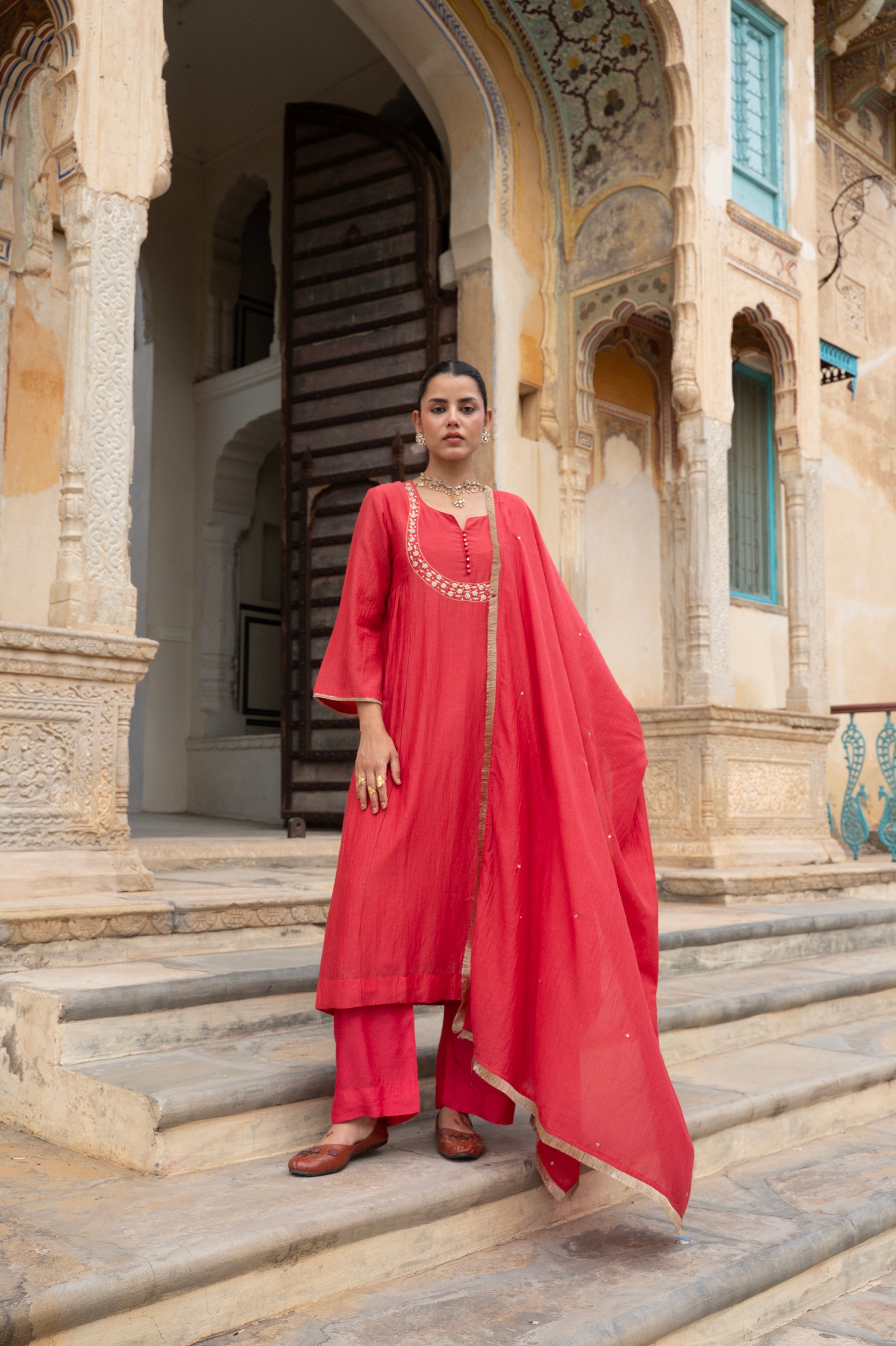 Crimson Red Embellished Mul Chenderi Pant Set