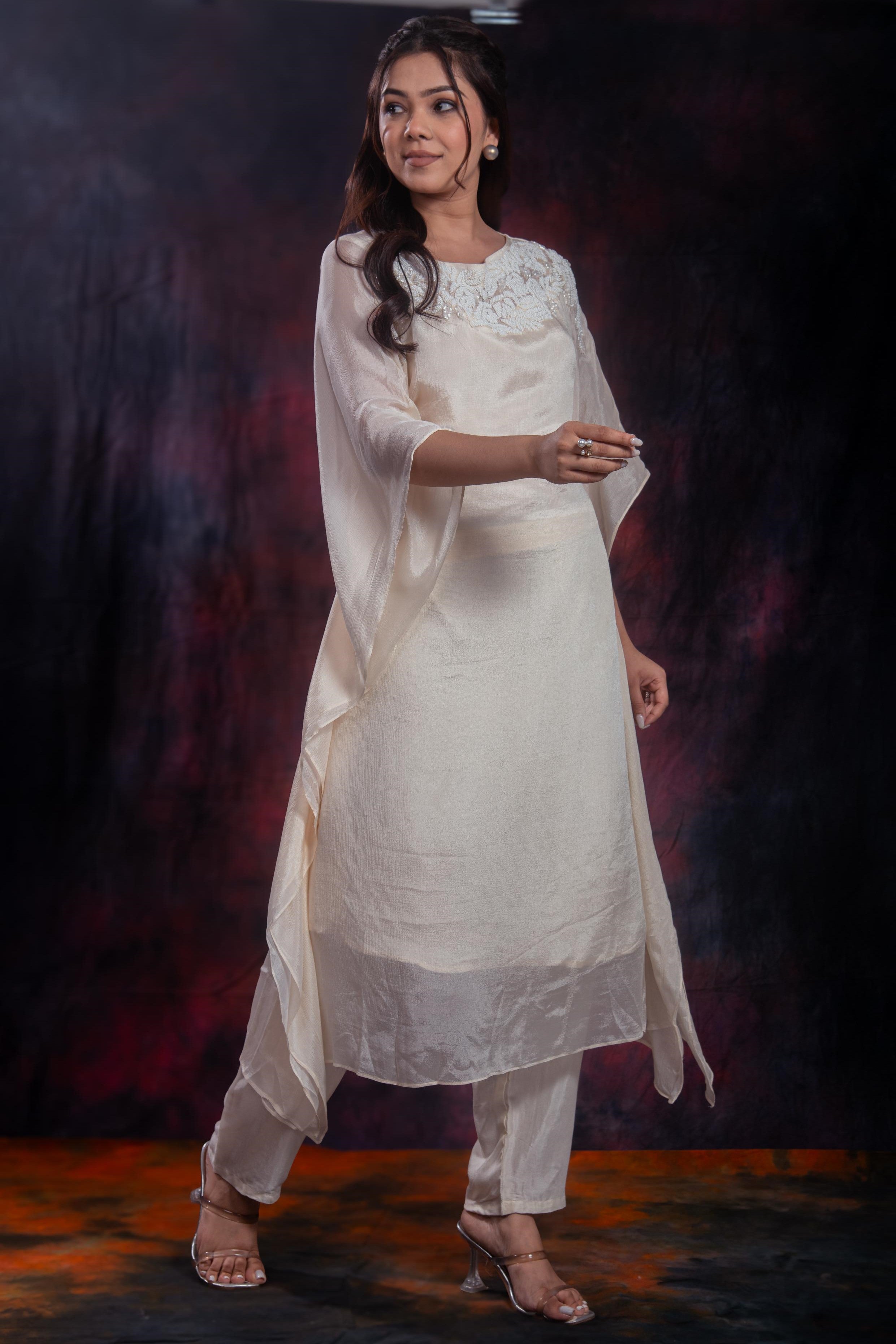 Ivory Embellished Chinon Silk Kurta Set