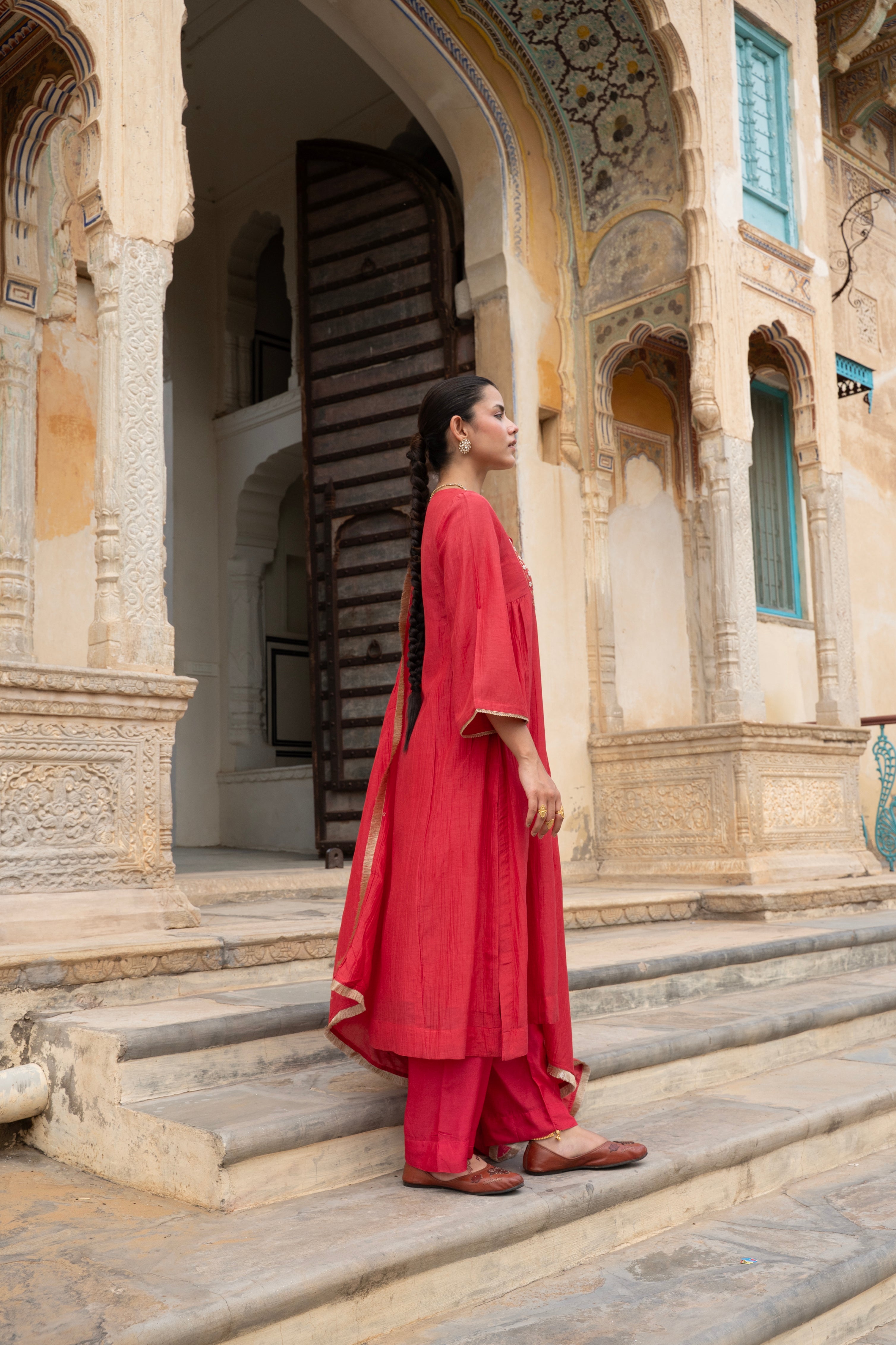 Crimson Red Embellished Mul Chenderi Pant Set