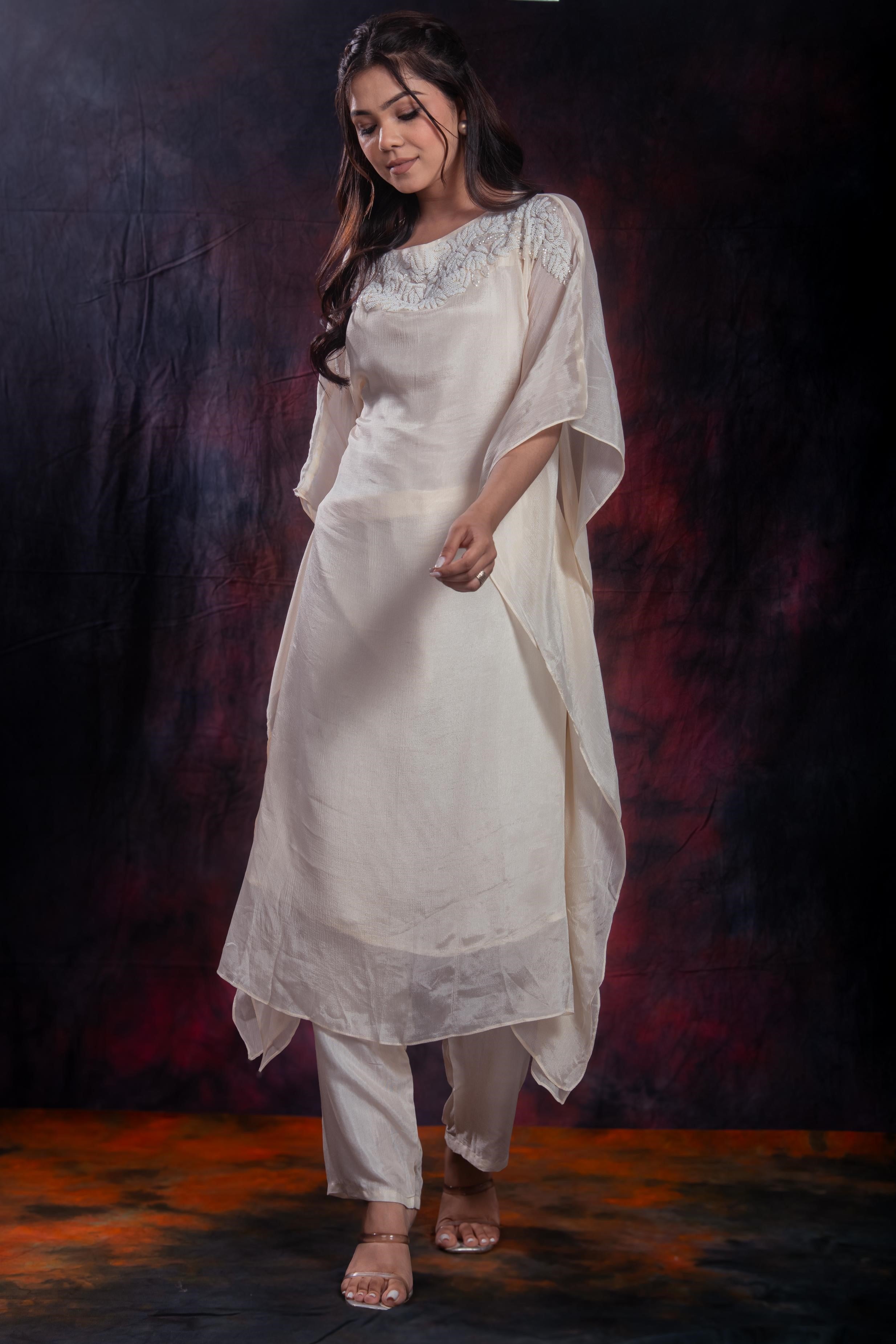 Ivory Embellished Chinon Silk Kurta Set