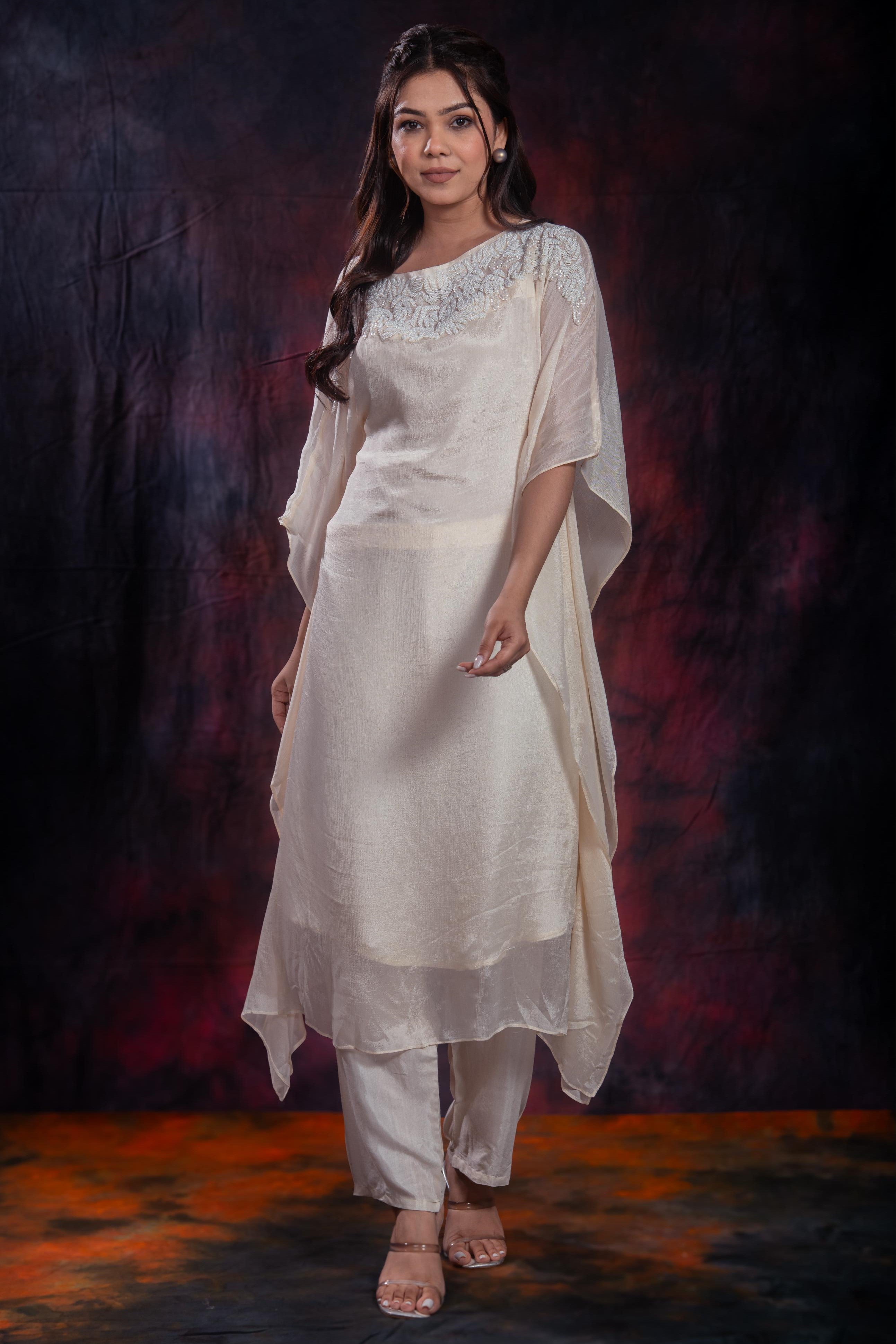 Ivory Embellished Chinon Silk Kurta Set