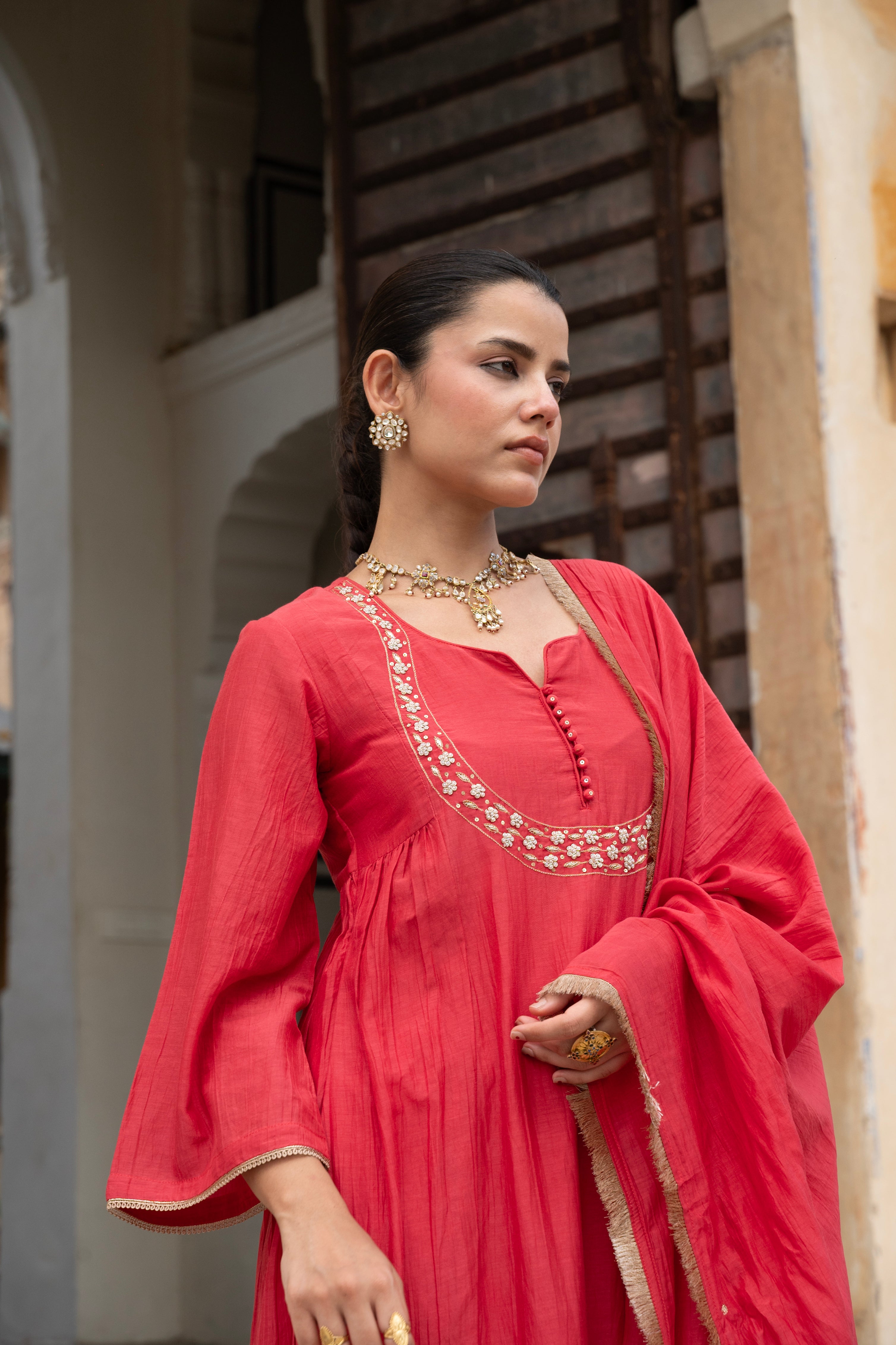 Crimson Red Embellished Mul Chenderi Pant Set