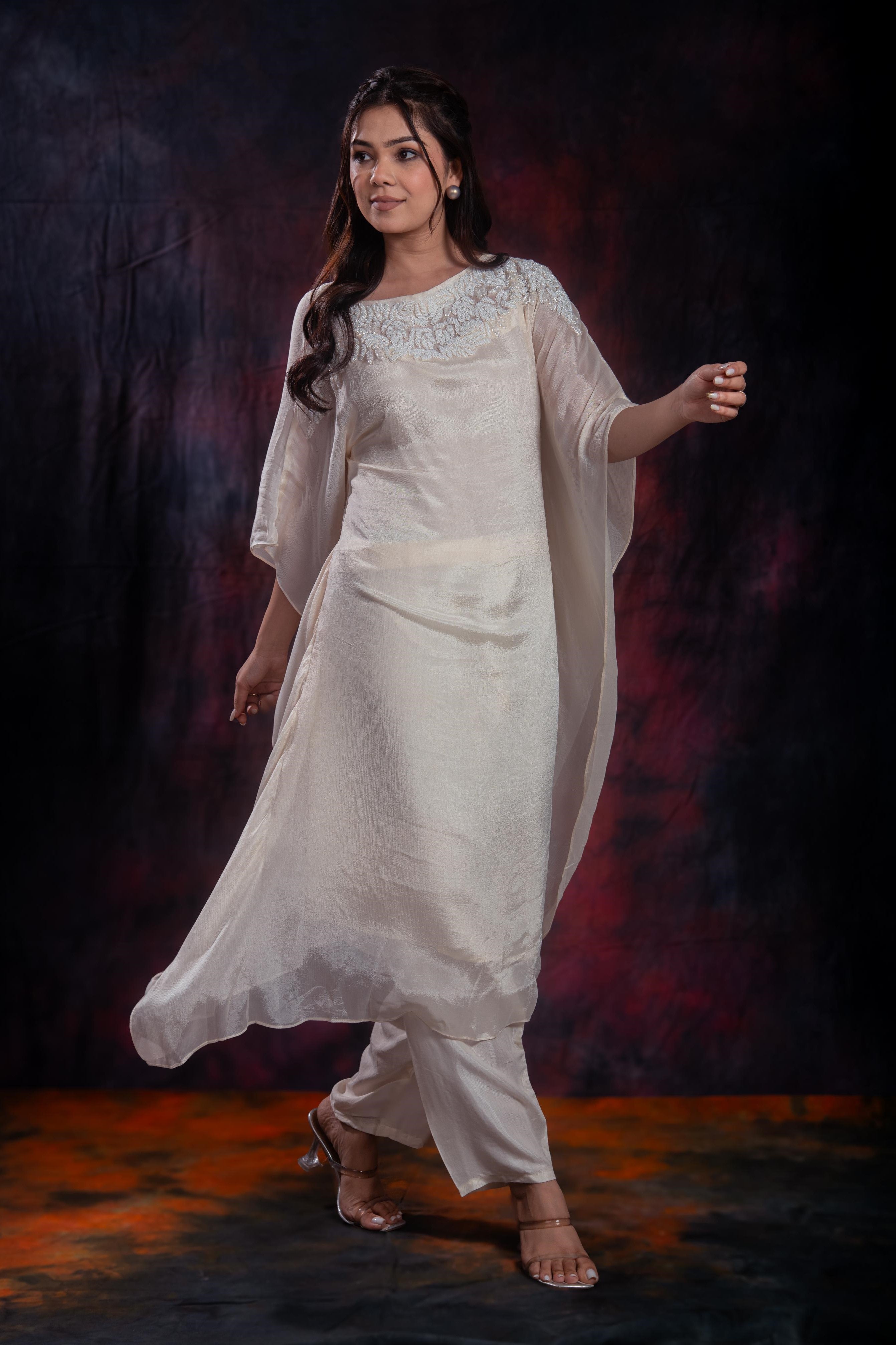 Ivory Embellished Chinon Silk Kurta Set