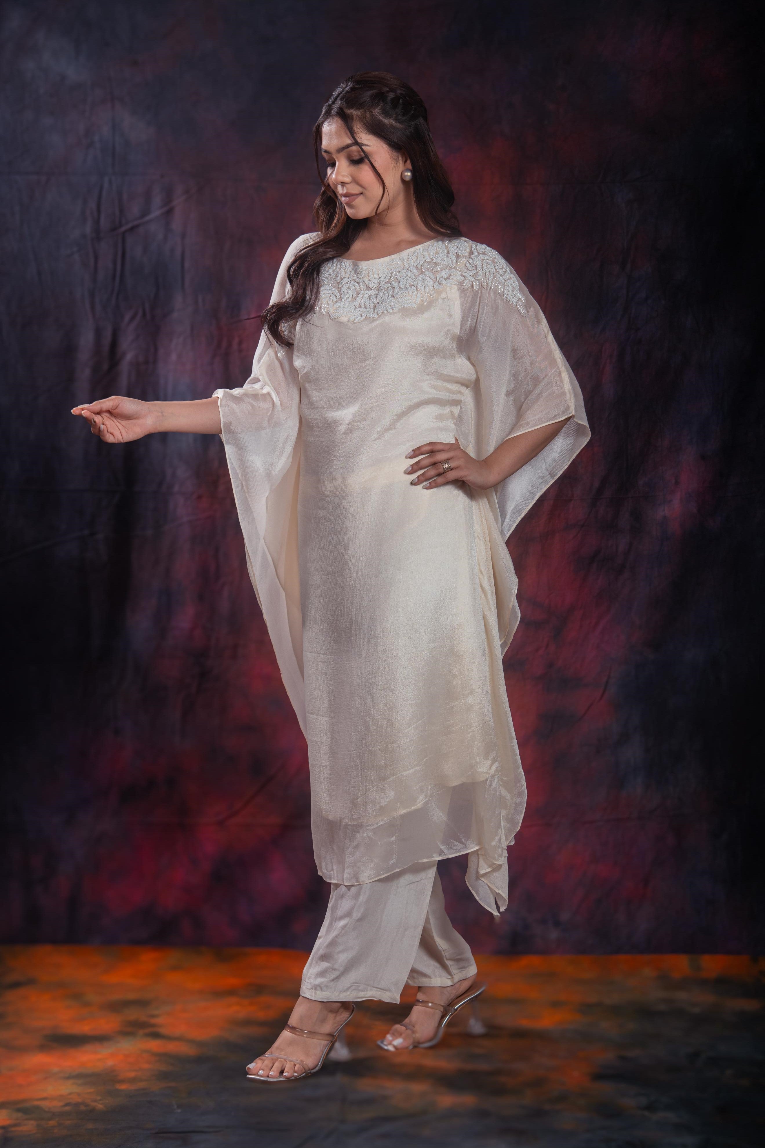 Ivory Embellished Chinon Silk Kurta Set