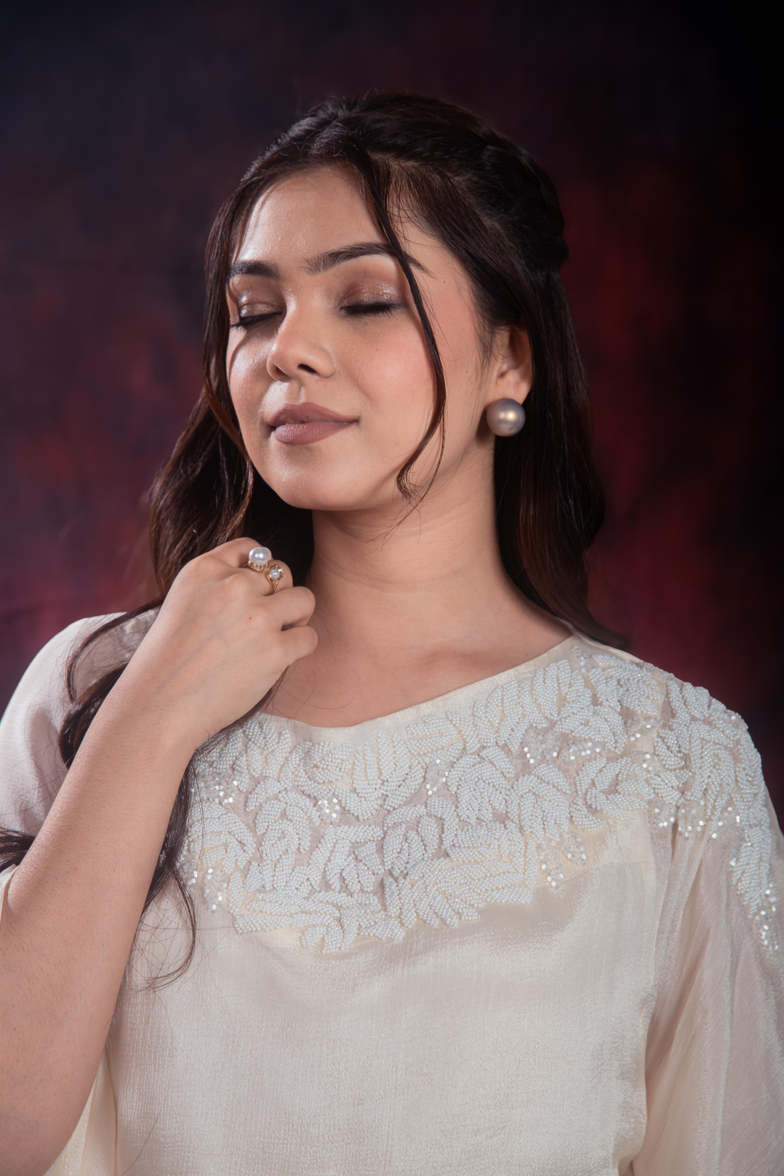 Ivory Embellished Chinon Silk Kurta Set