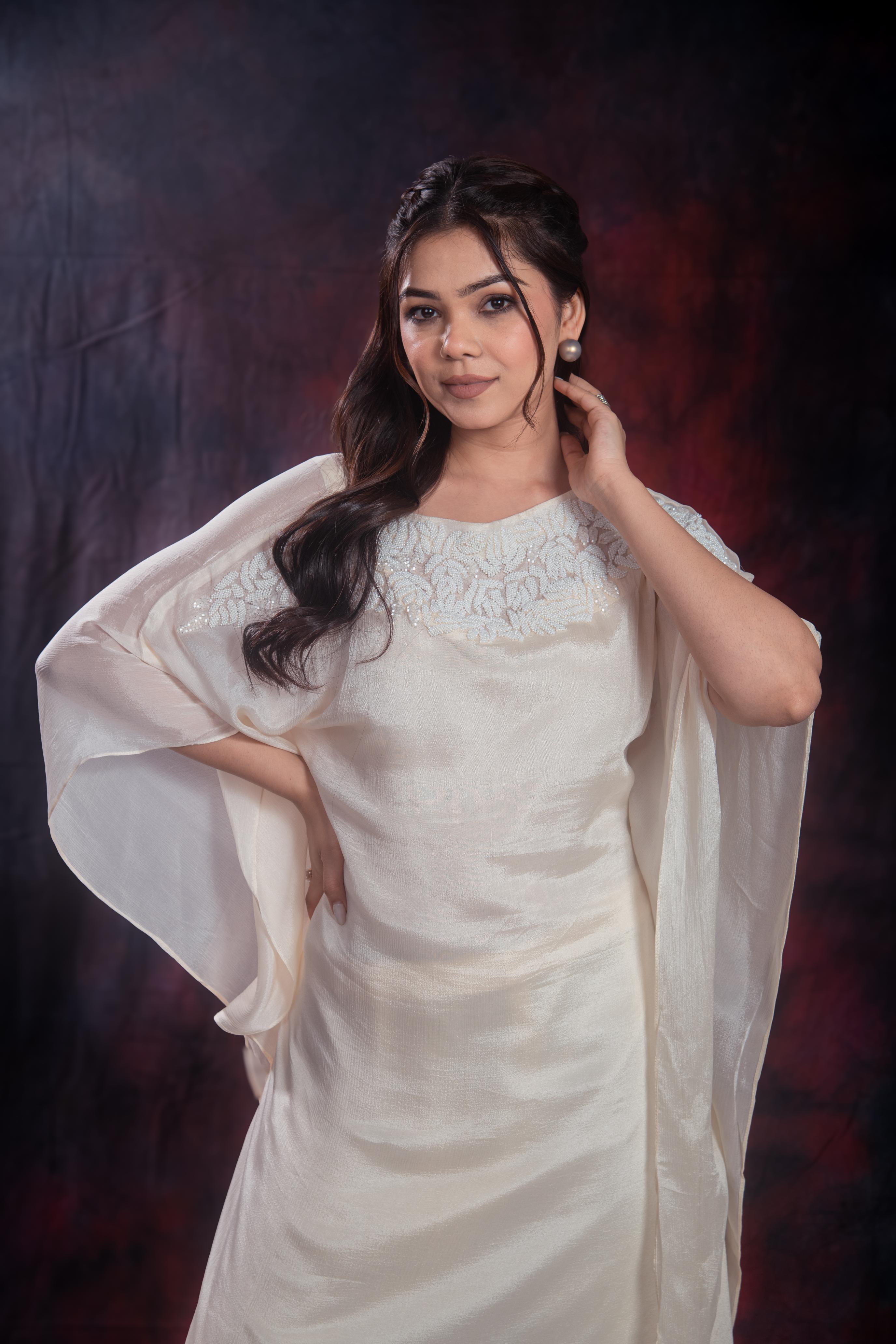 Ivory Embellished Chinon Silk Kurta Set