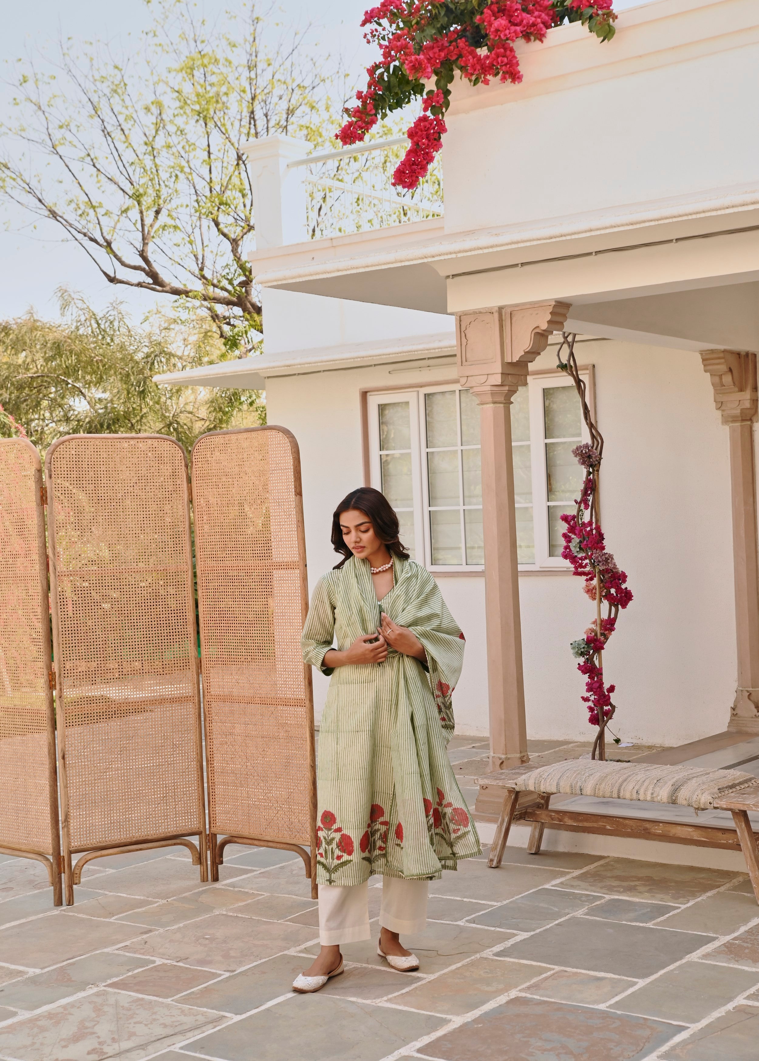 Mint Green Printed Chanderi Silk Pant Set