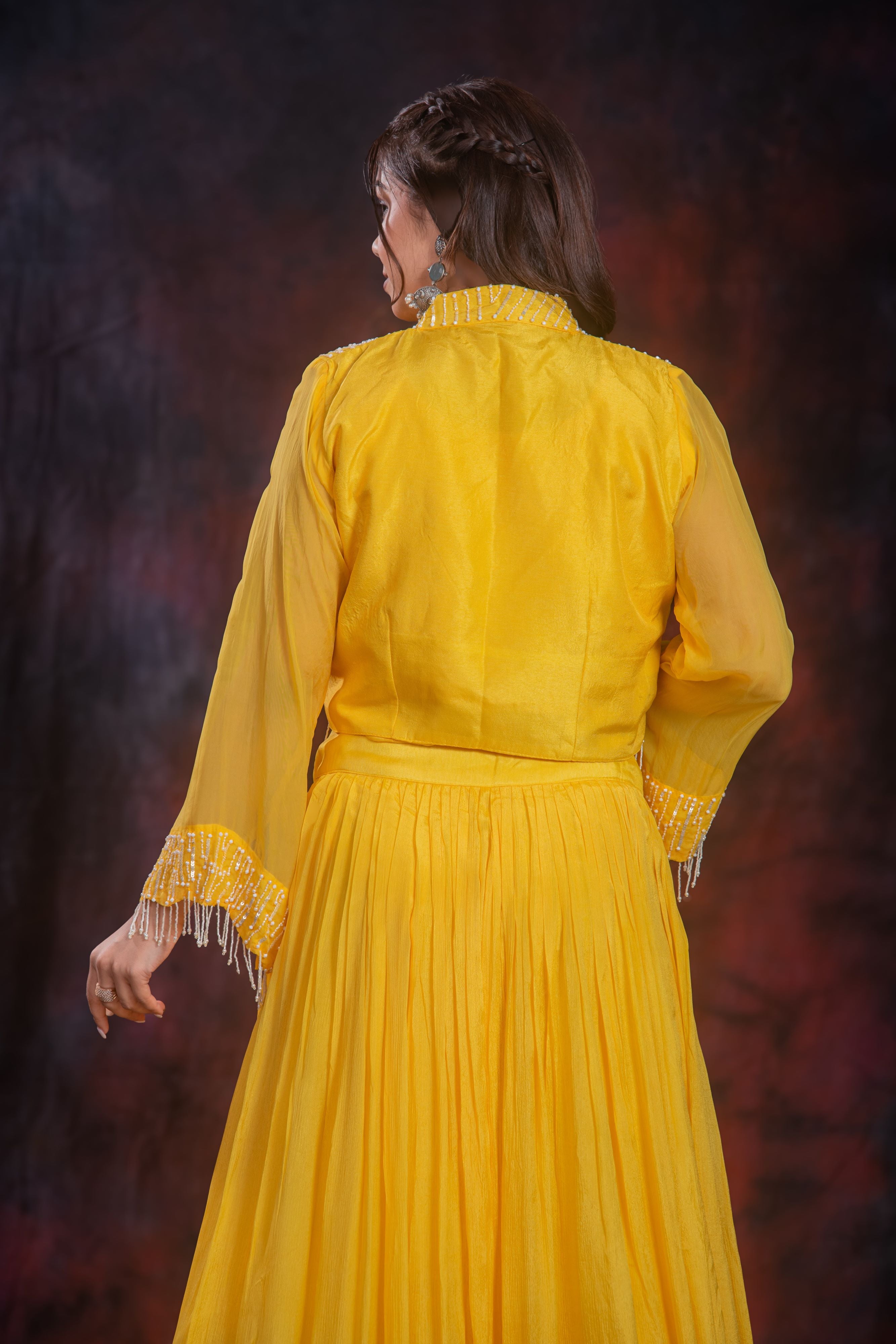 Yellow Embellished Chinon Silk Jacket Skirt Set