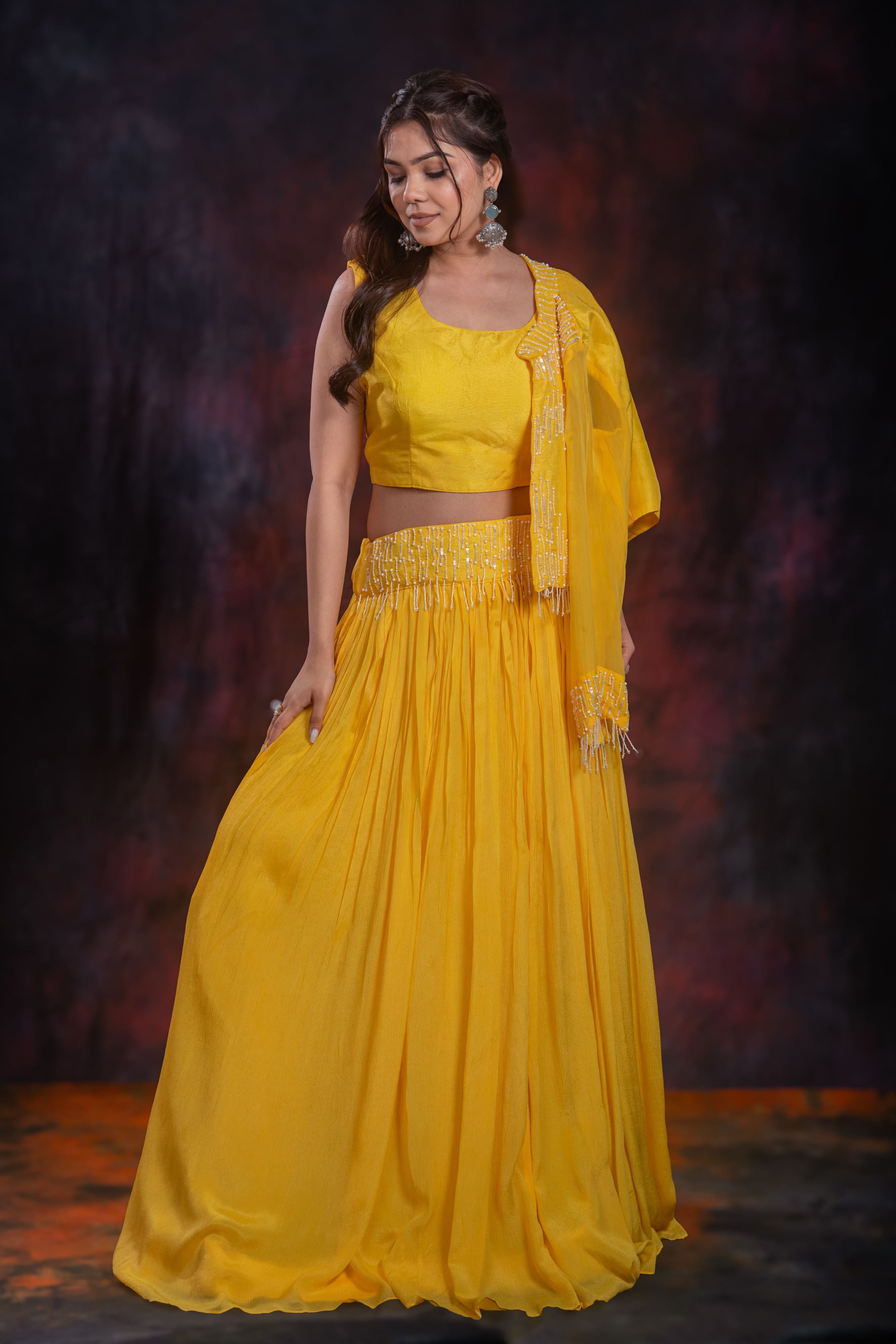 Yellow Embellished Chinon Silk Jacket Skirt Set