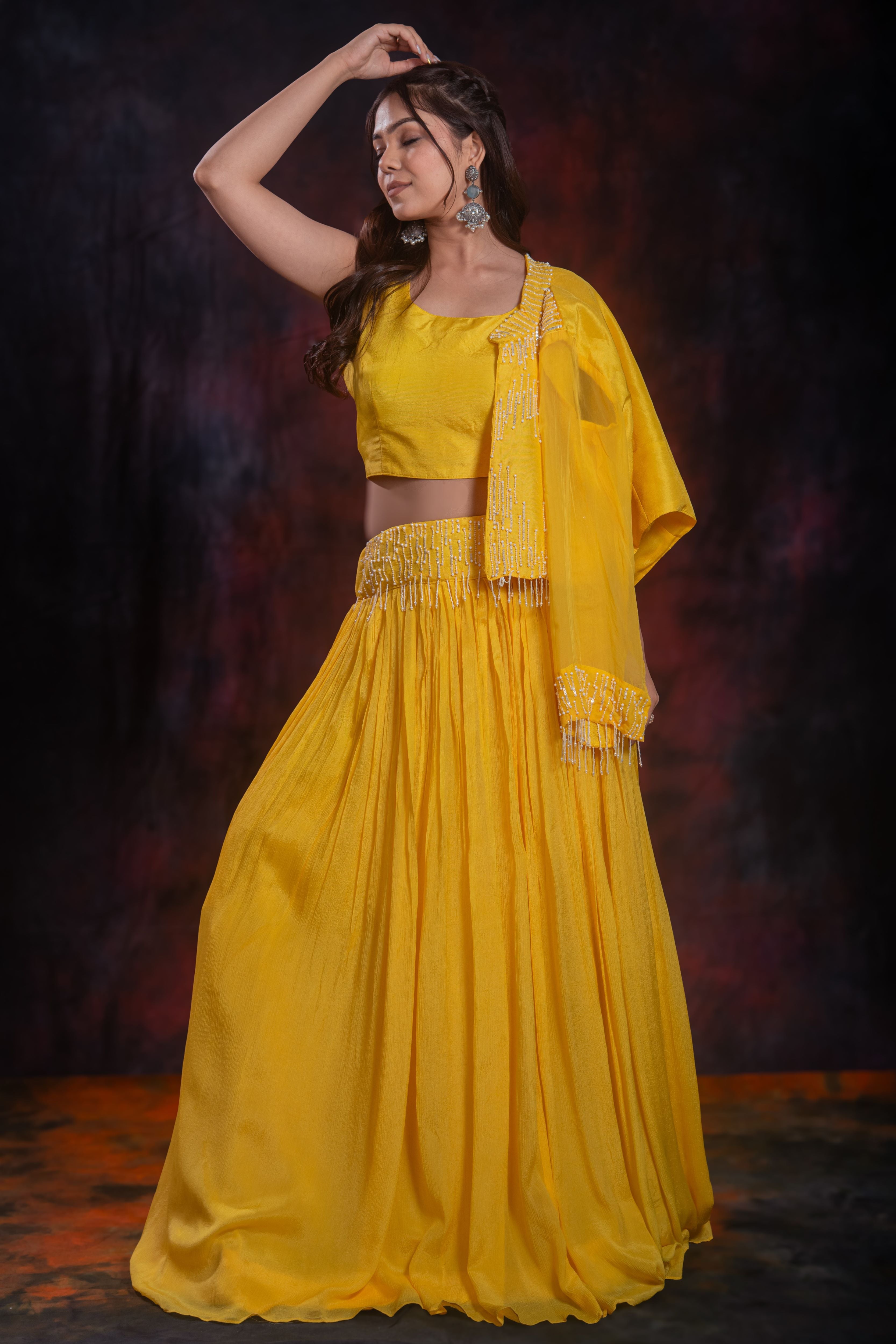 Yellow Embellished Chinon Silk Jacket Skirt Set
