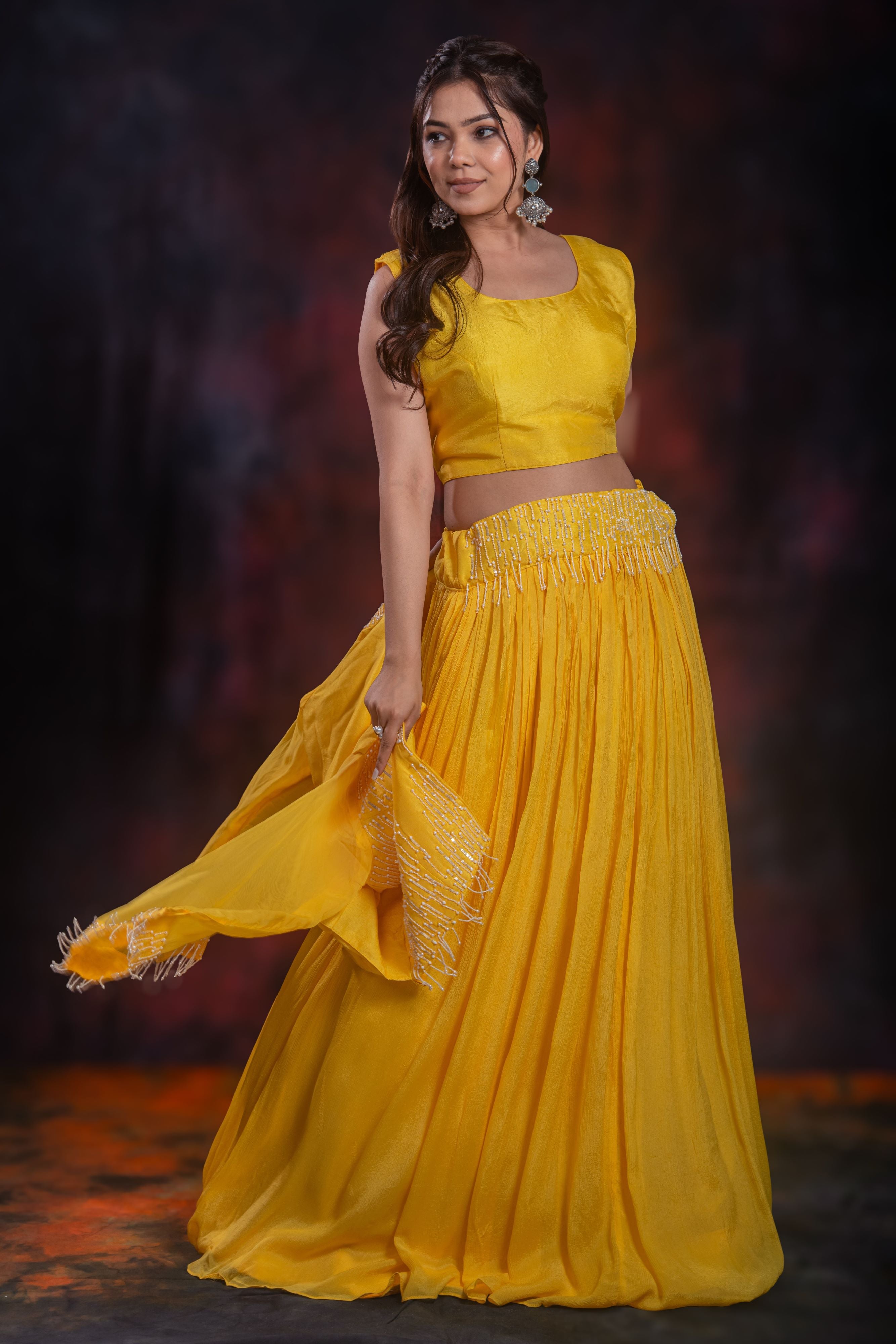 Yellow Embellished Chinon Silk Jacket Skirt Set