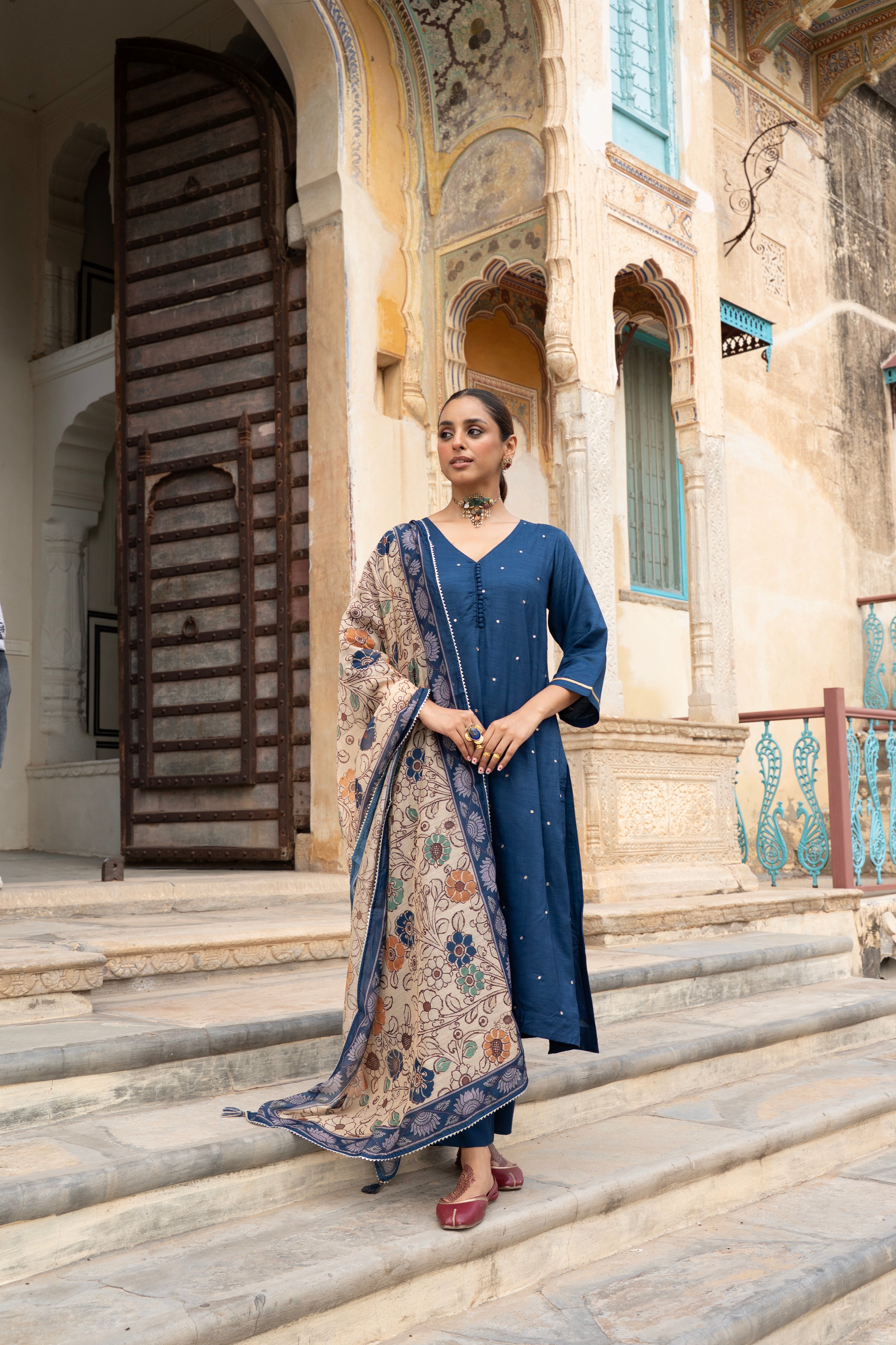 Royal Blue Embellished Dola Silk Pant Set