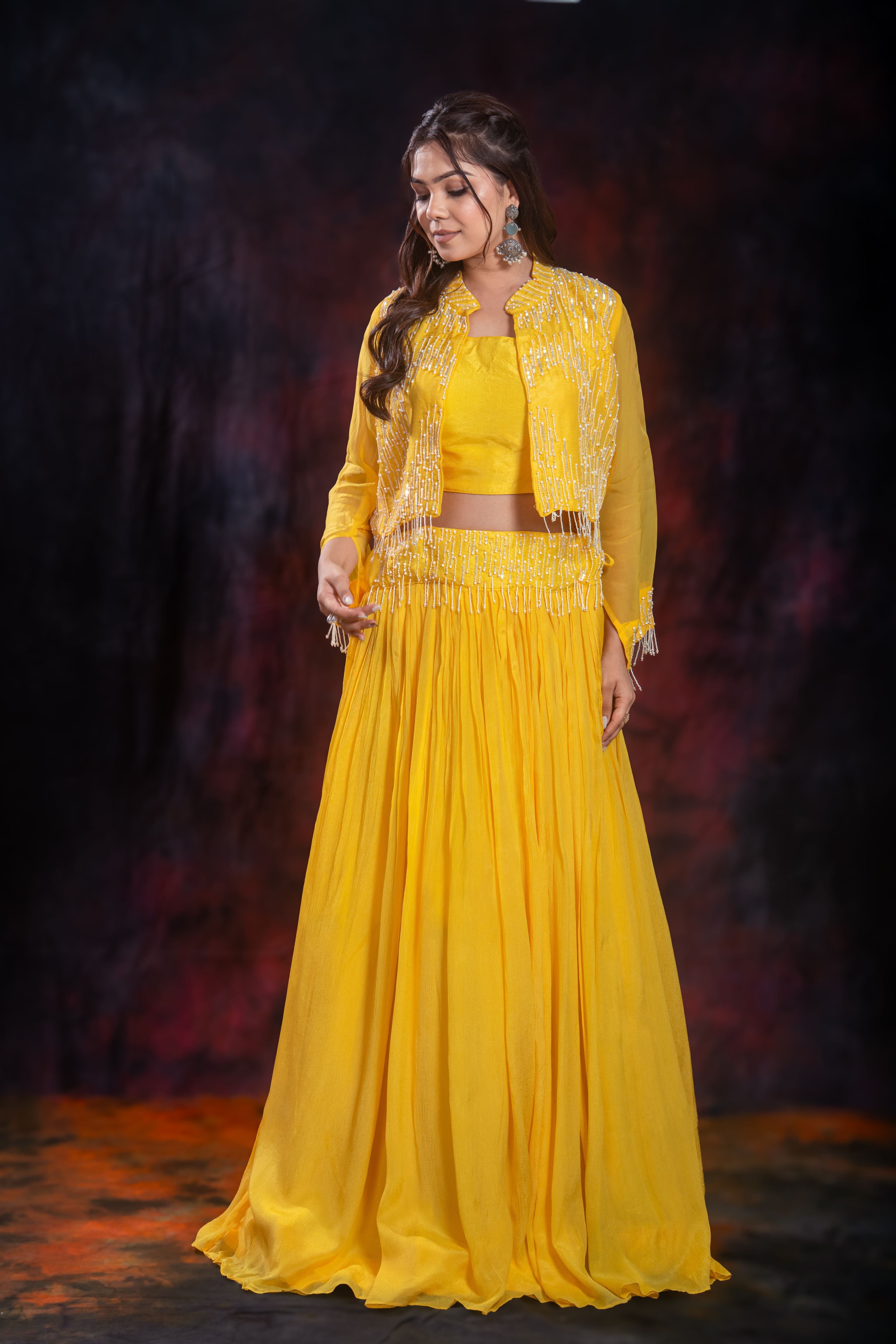 Yellow Embellished Chinon Silk Jacket Skirt Set