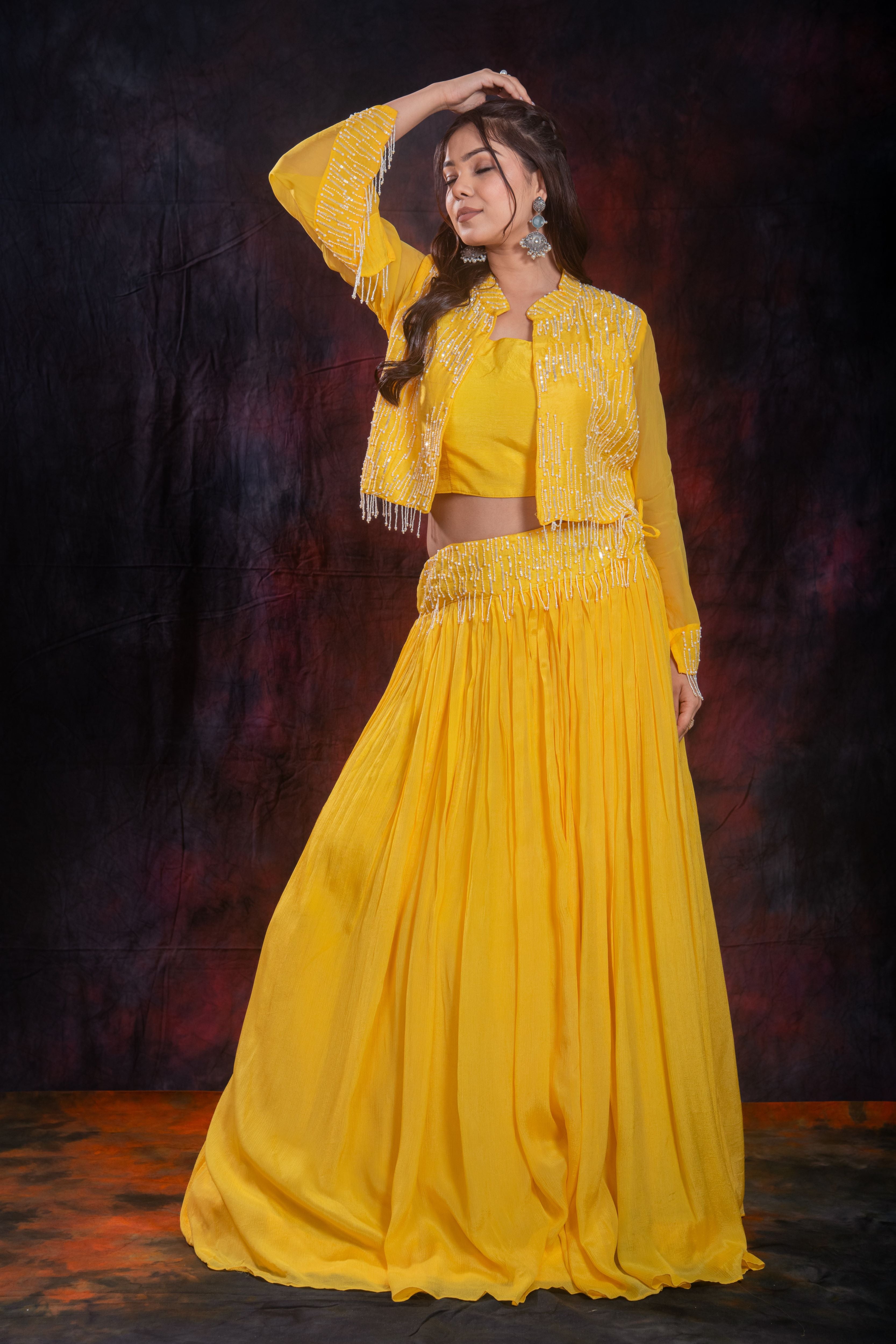Yellow Embellished Chinon Silk Jacket Skirt Set