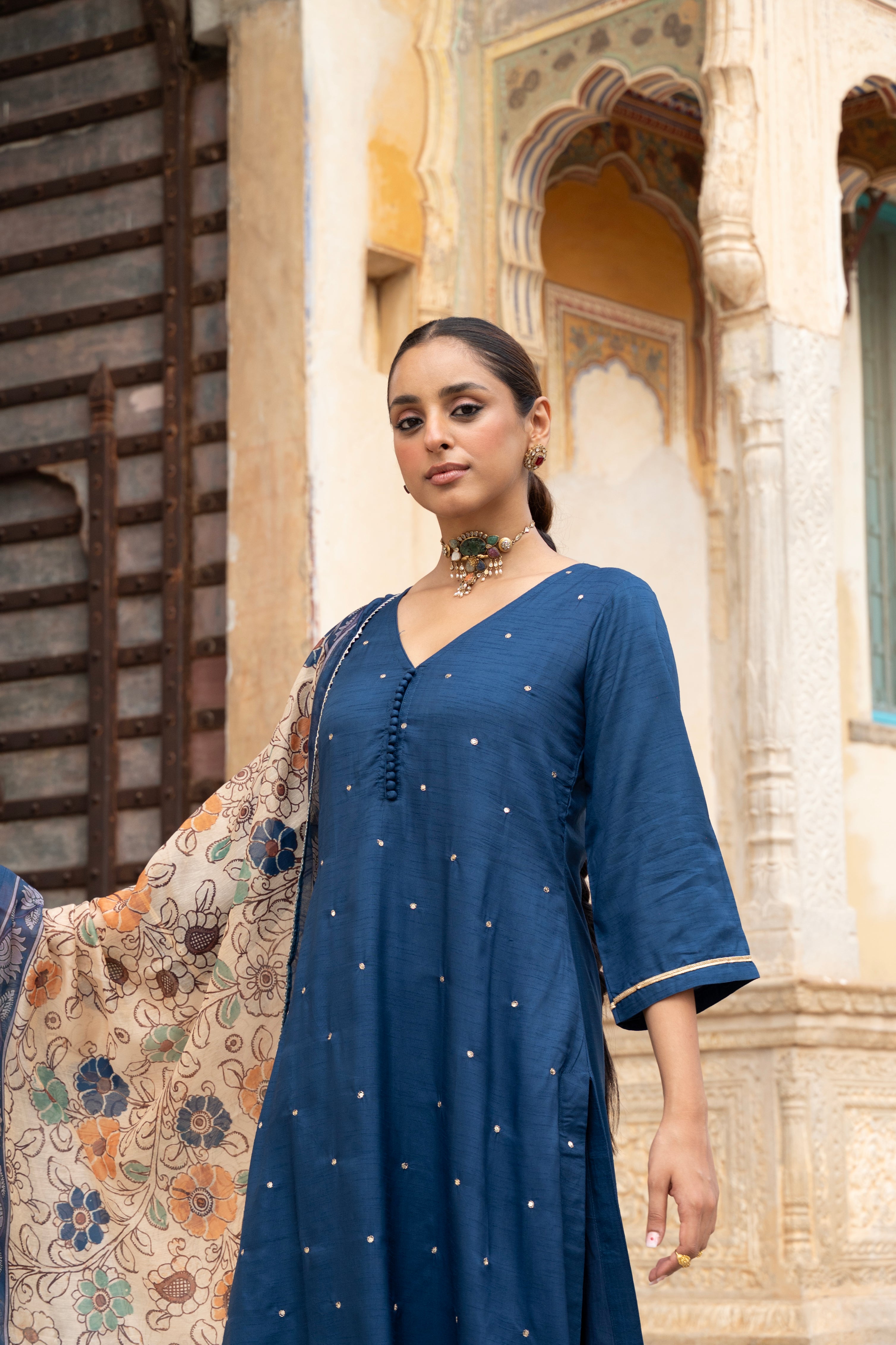 Royal Blue Embellished Dola Silk Pant Set