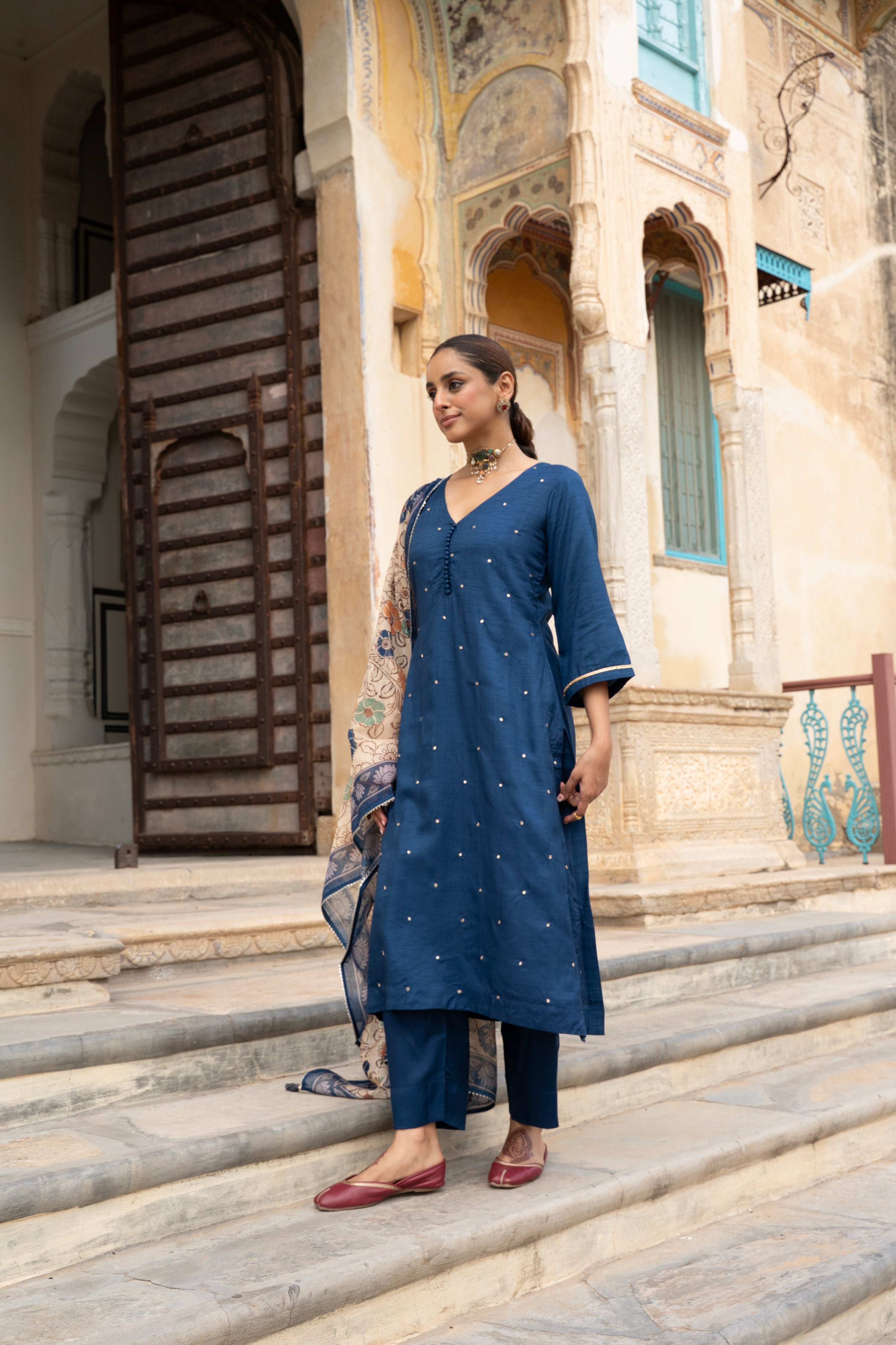 Royal Blue Embellished Dola Silk Pant Set