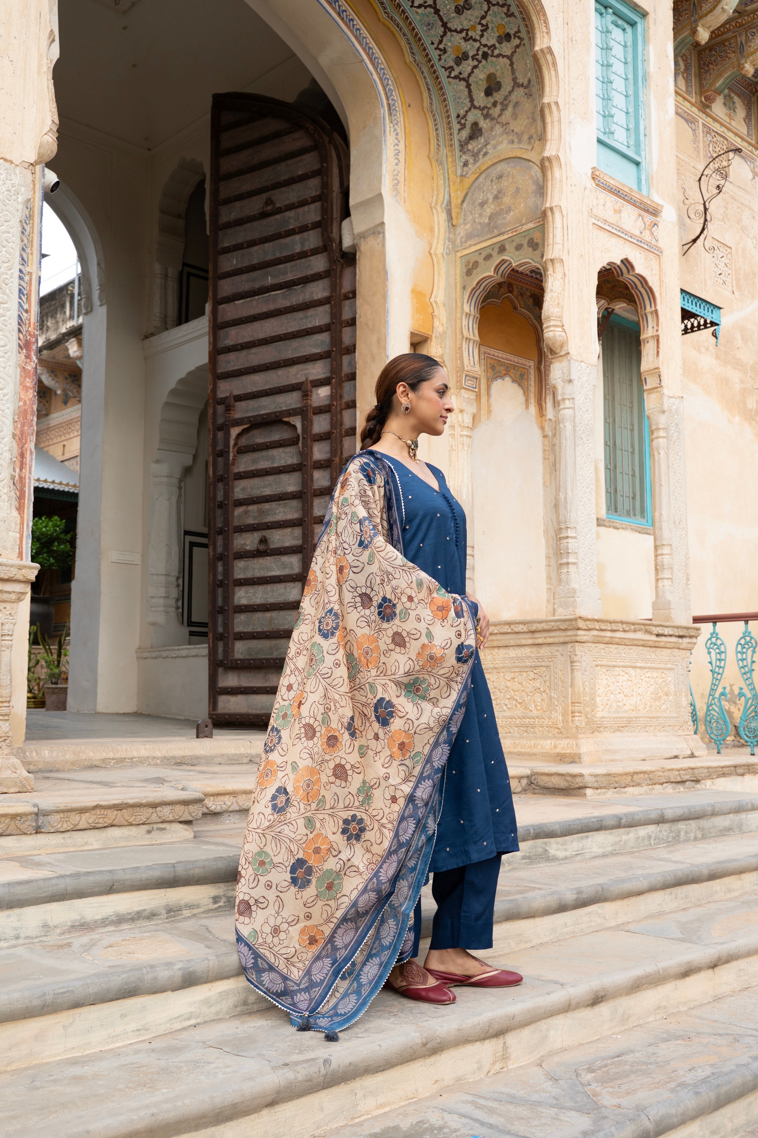 Royal Blue Embellished Dola Silk Pant Set