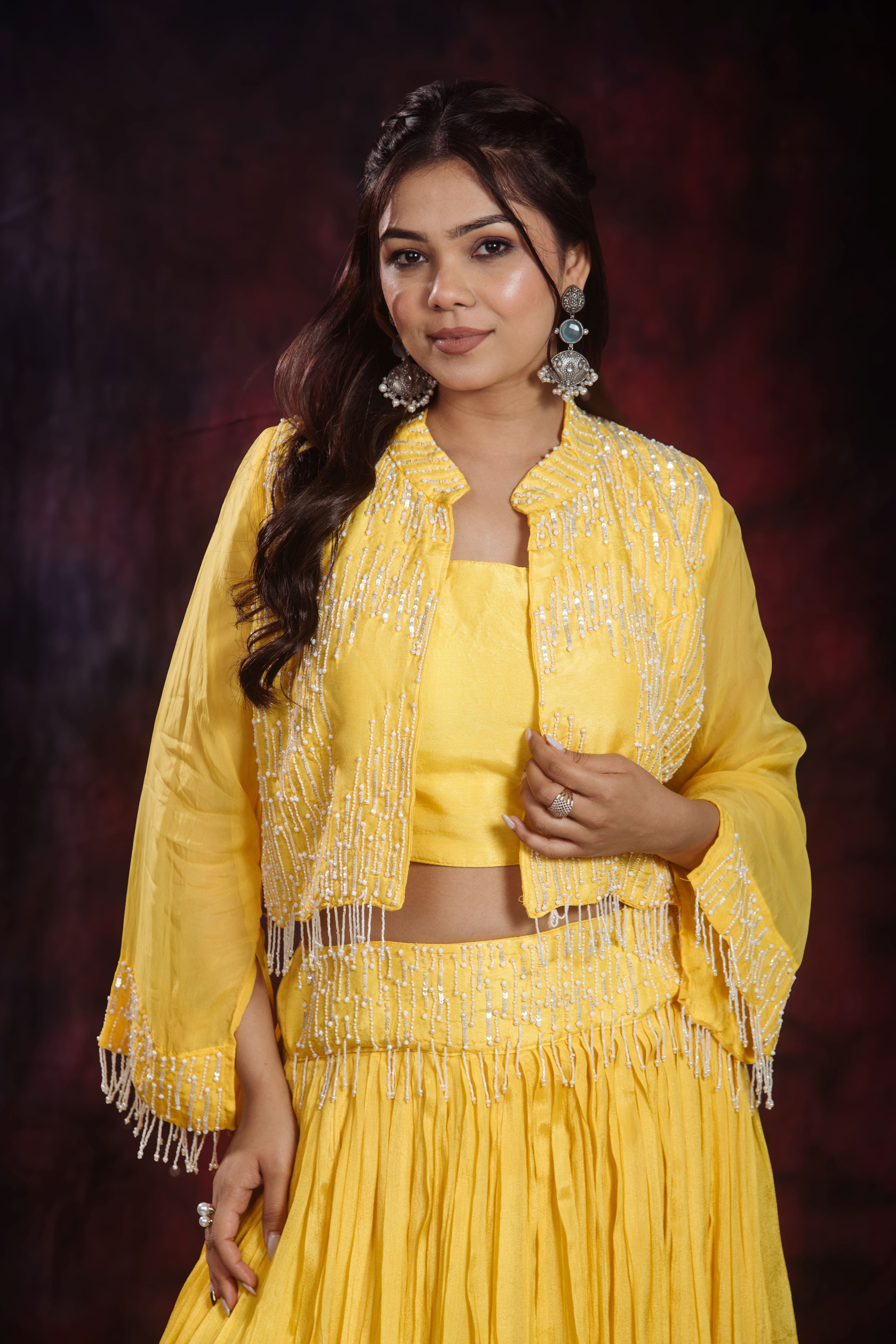 Yellow Embellished Chinon Silk Jacket Skirt Set