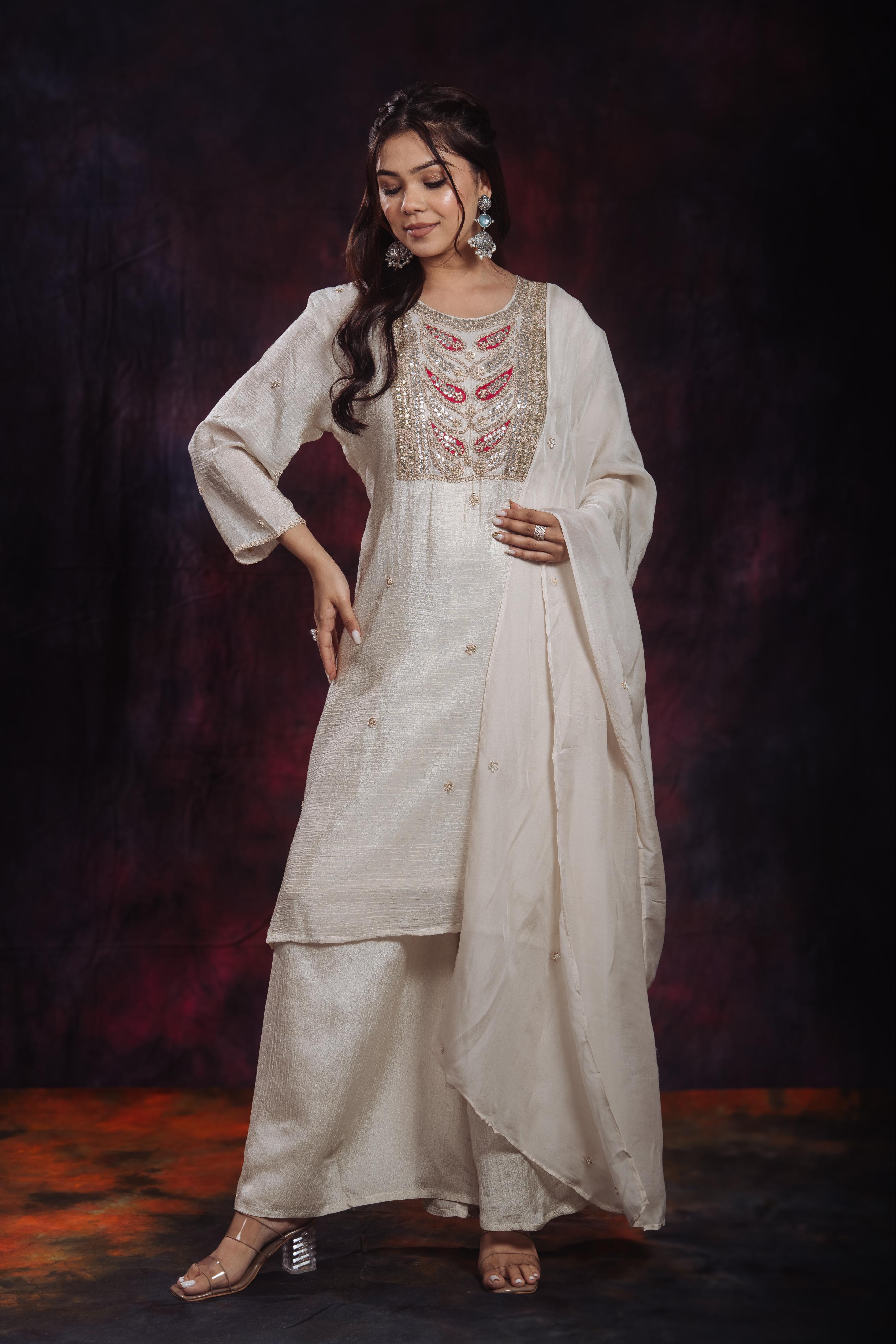 Golden Ivory Embroidered Soft Shimmer Silk Palazzo Set