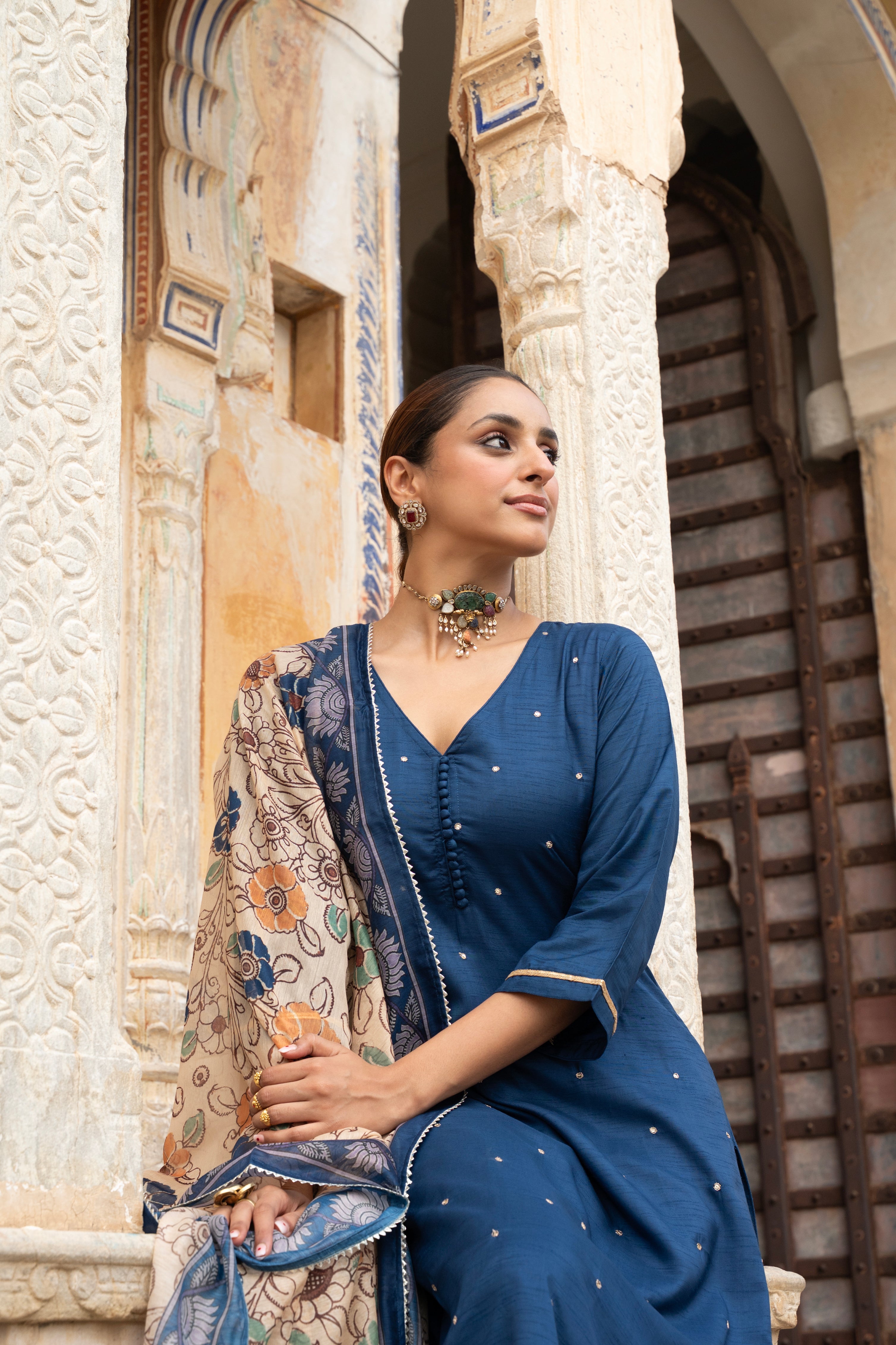 Royal Blue Embellished Dola Silk Pant Set