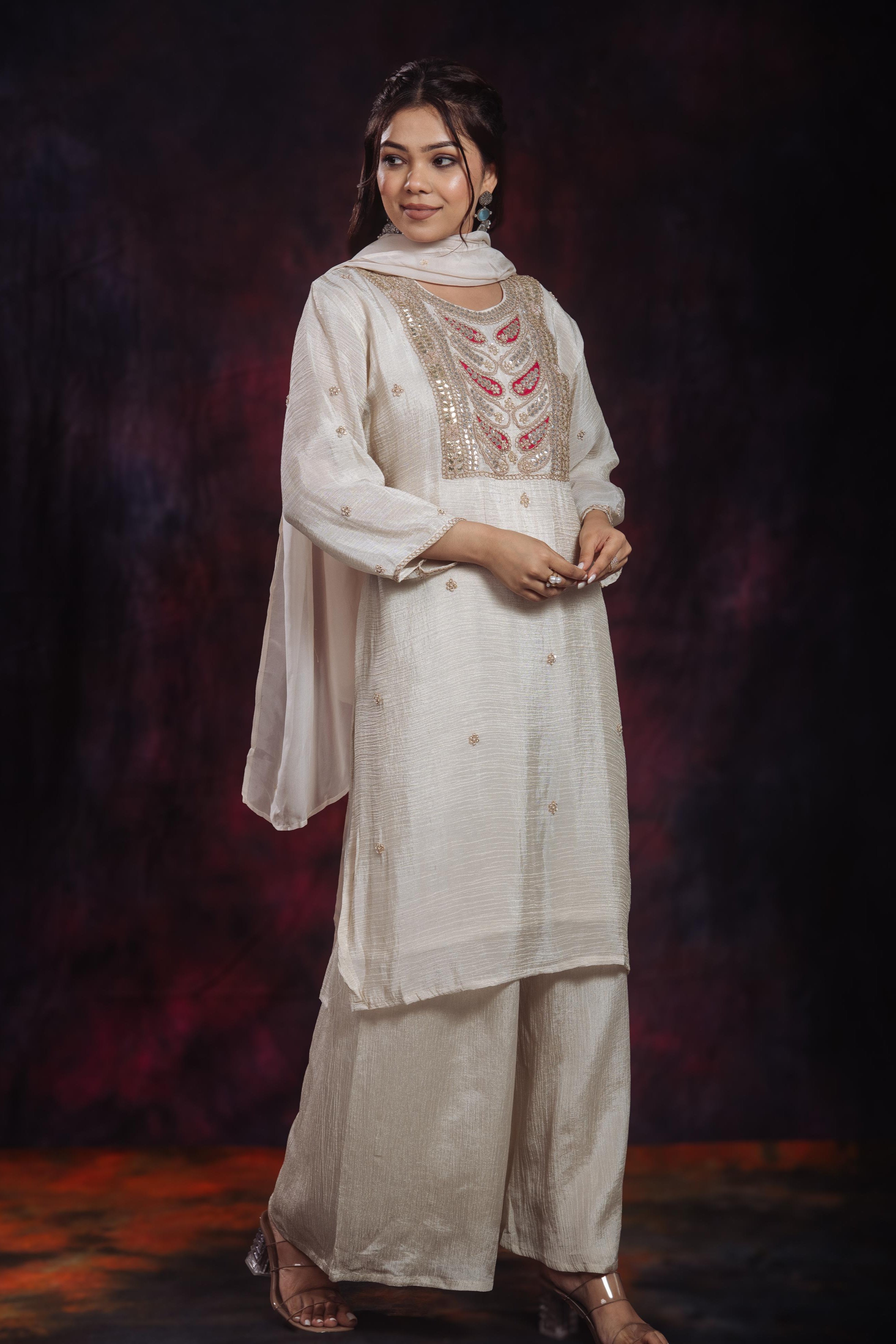 Golden Ivory Embroidered Soft Shimmer Silk Palazzo Set