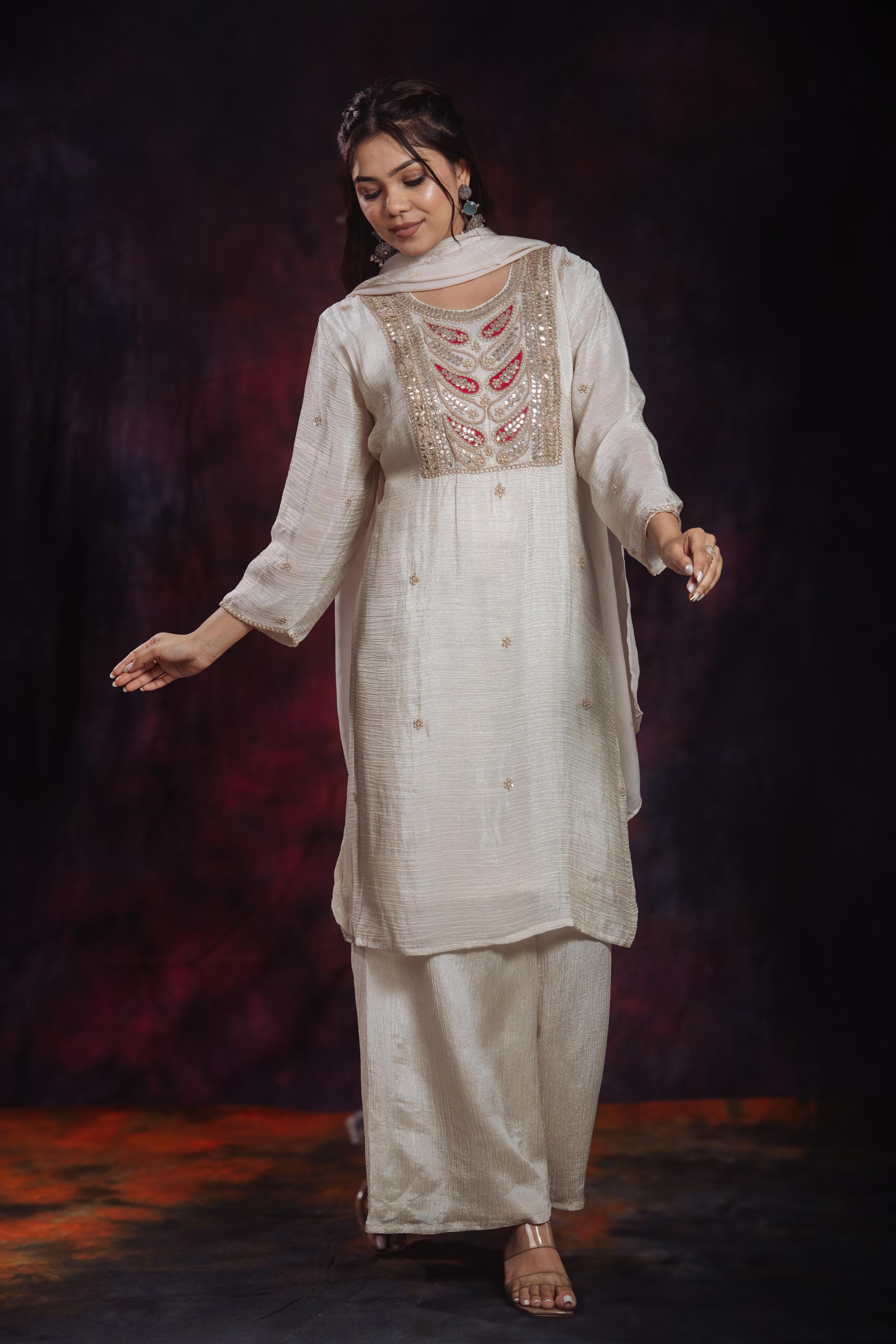 Golden Ivory Embroidered Soft Shimmer Silk Palazzo Set