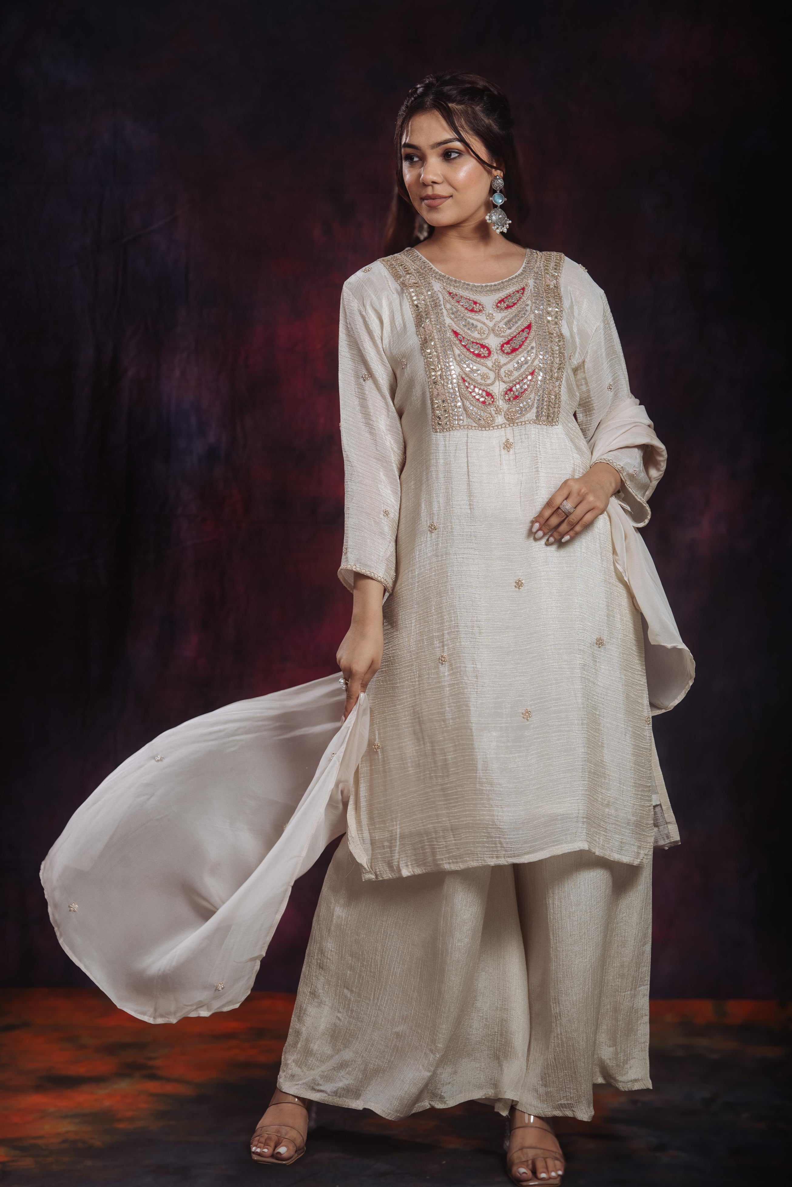 Golden Ivory Embroidered Soft Shimmer Silk Palazzo Set