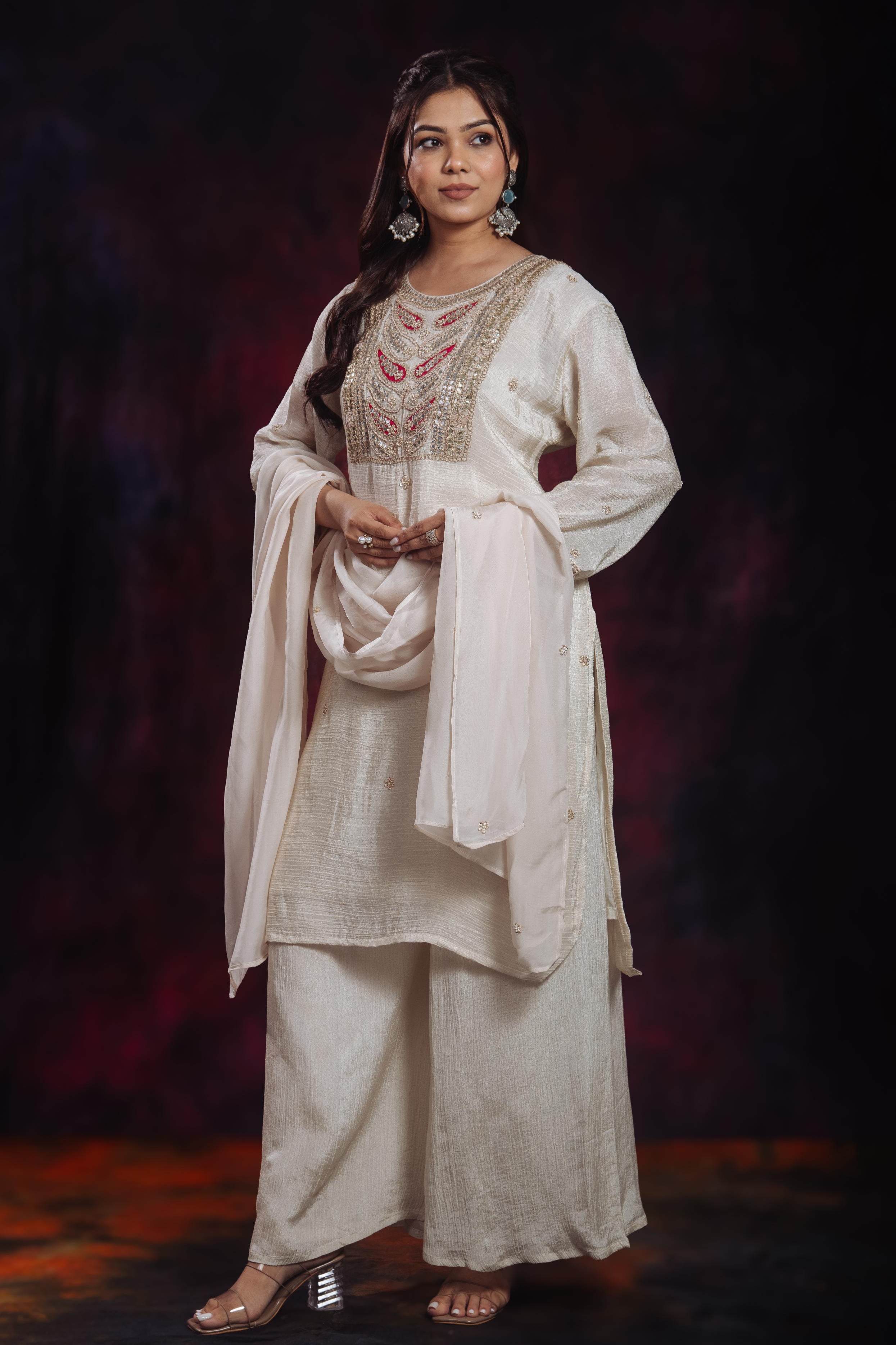 Golden Ivory Embroidered Soft Shimmer Silk Palazzo Set