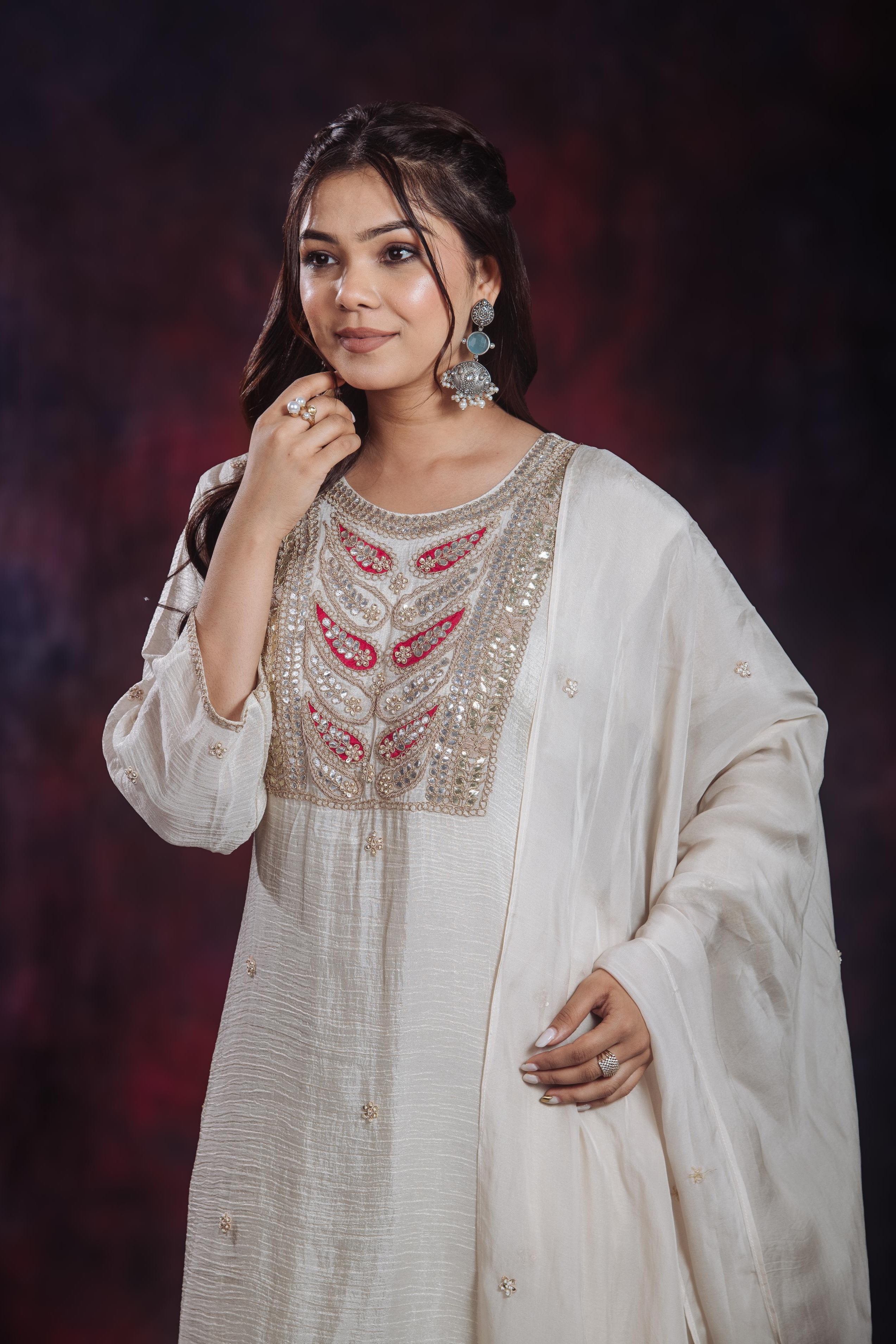 Golden Ivory Embroidered Soft Shimmer Silk Palazzo Set