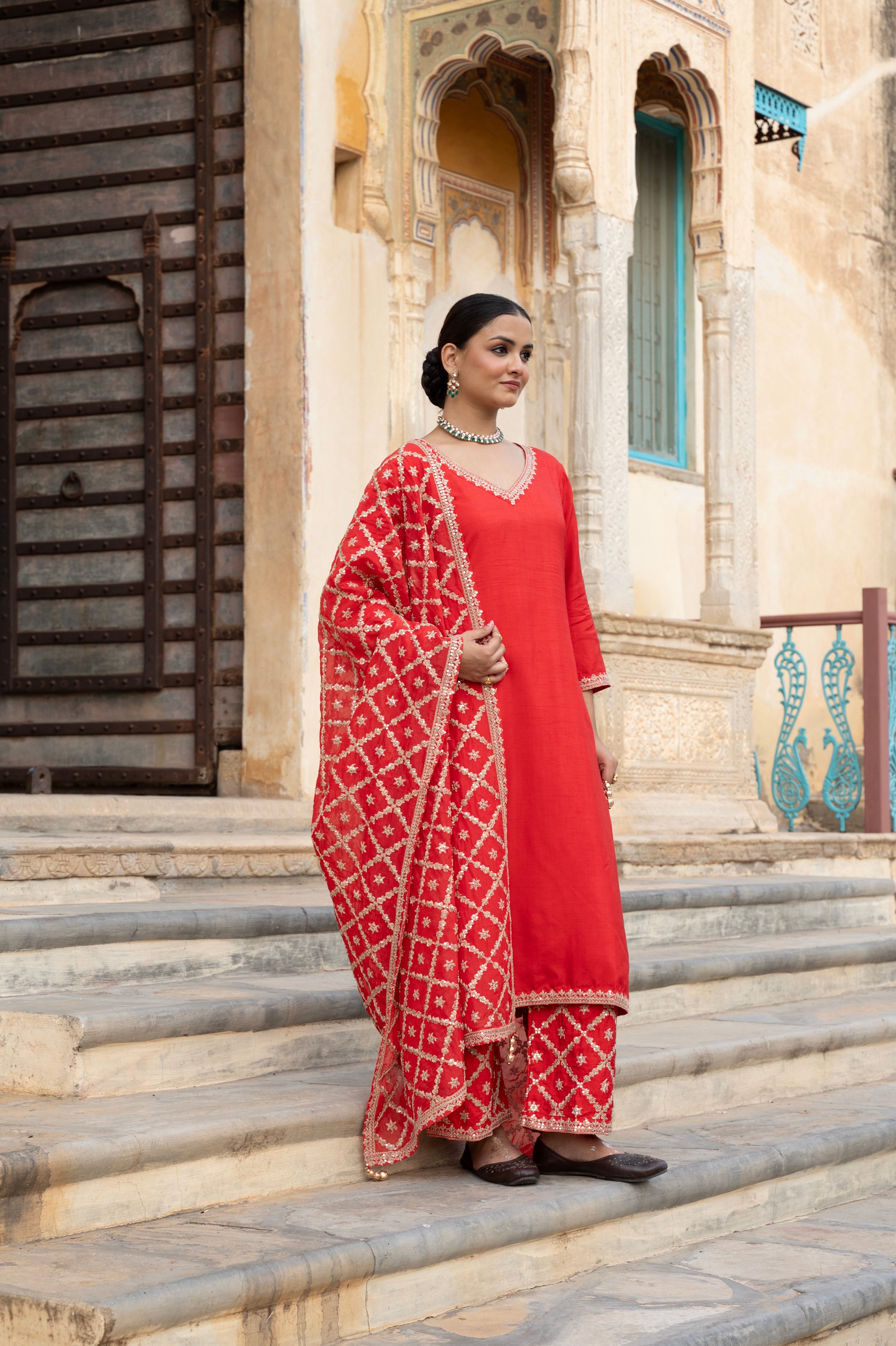 Crimson Red Embellished Dola Silk Pant Set