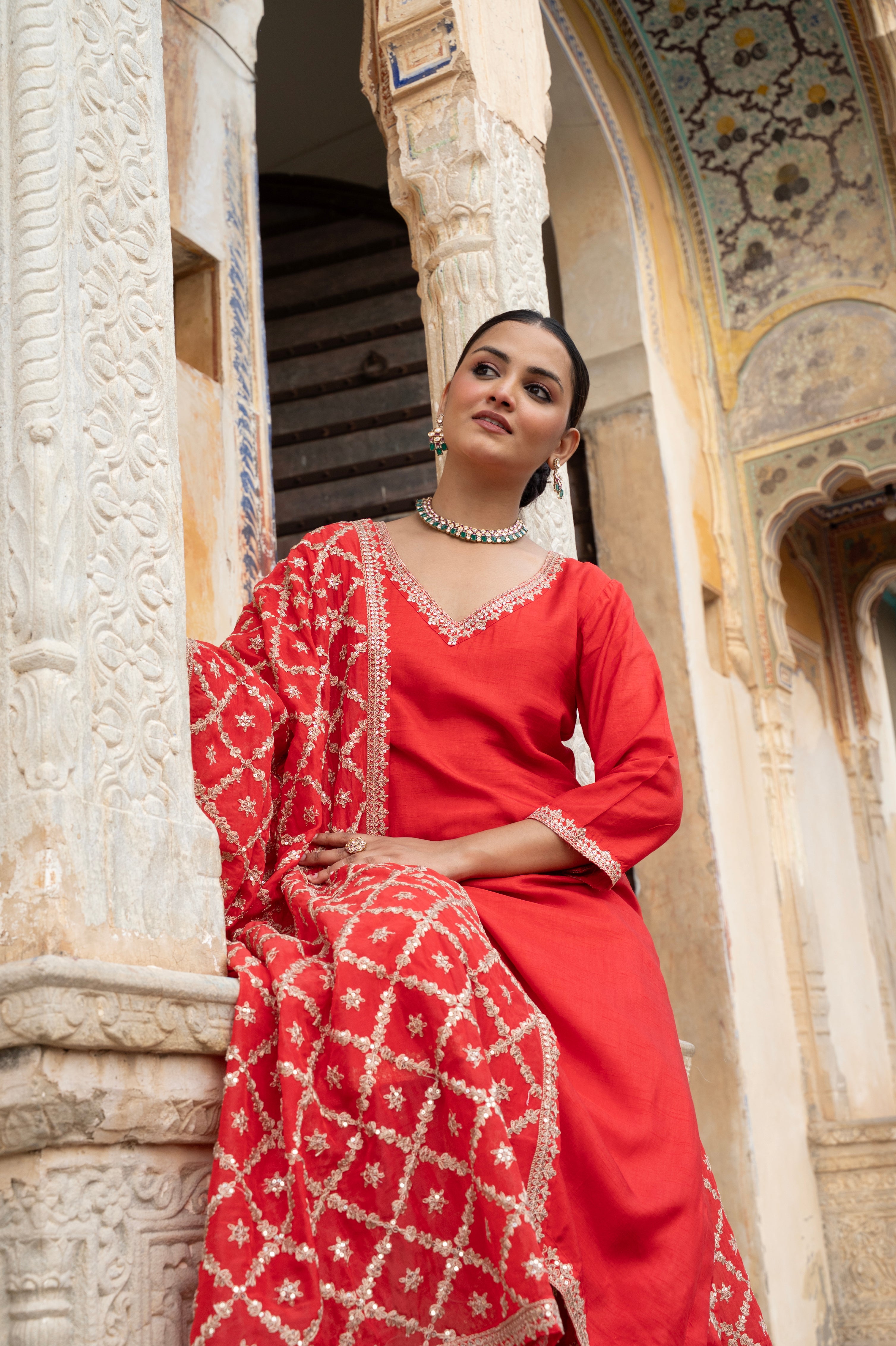Crimson Red Embellished Dola Silk Pant Set