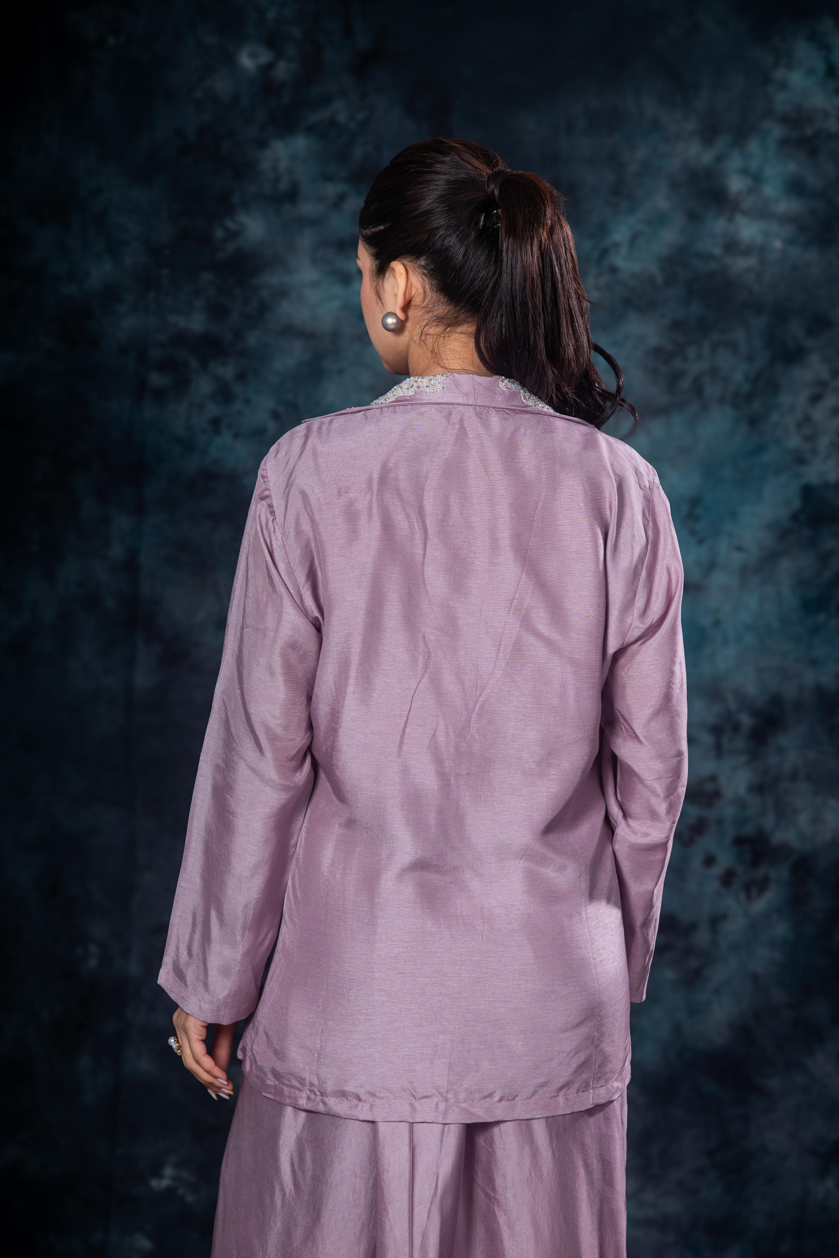 Lilac Mauve Embellished Raw Silk Skirt Set