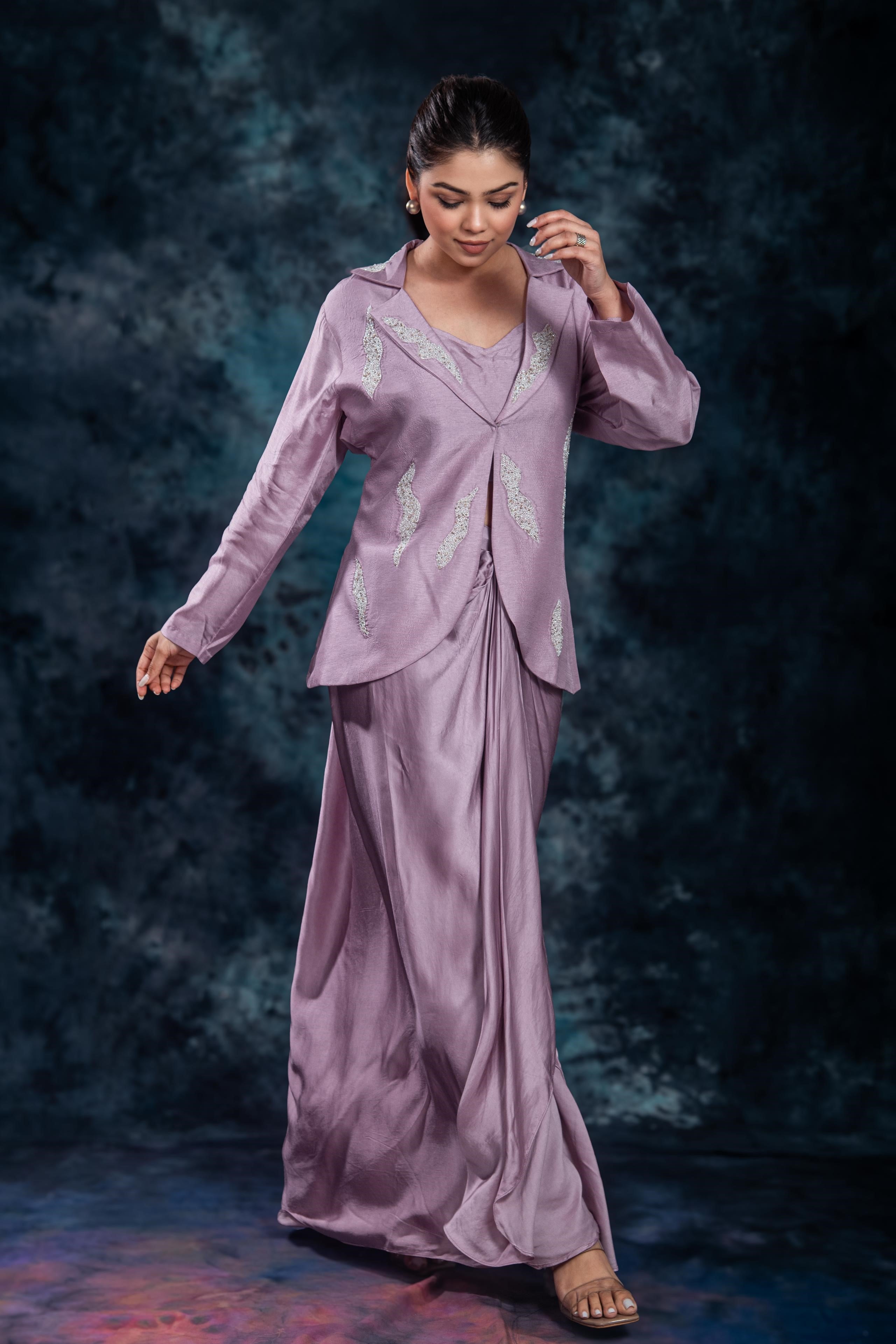 Lilac Mauve Embellished Raw Silk Skirt Set