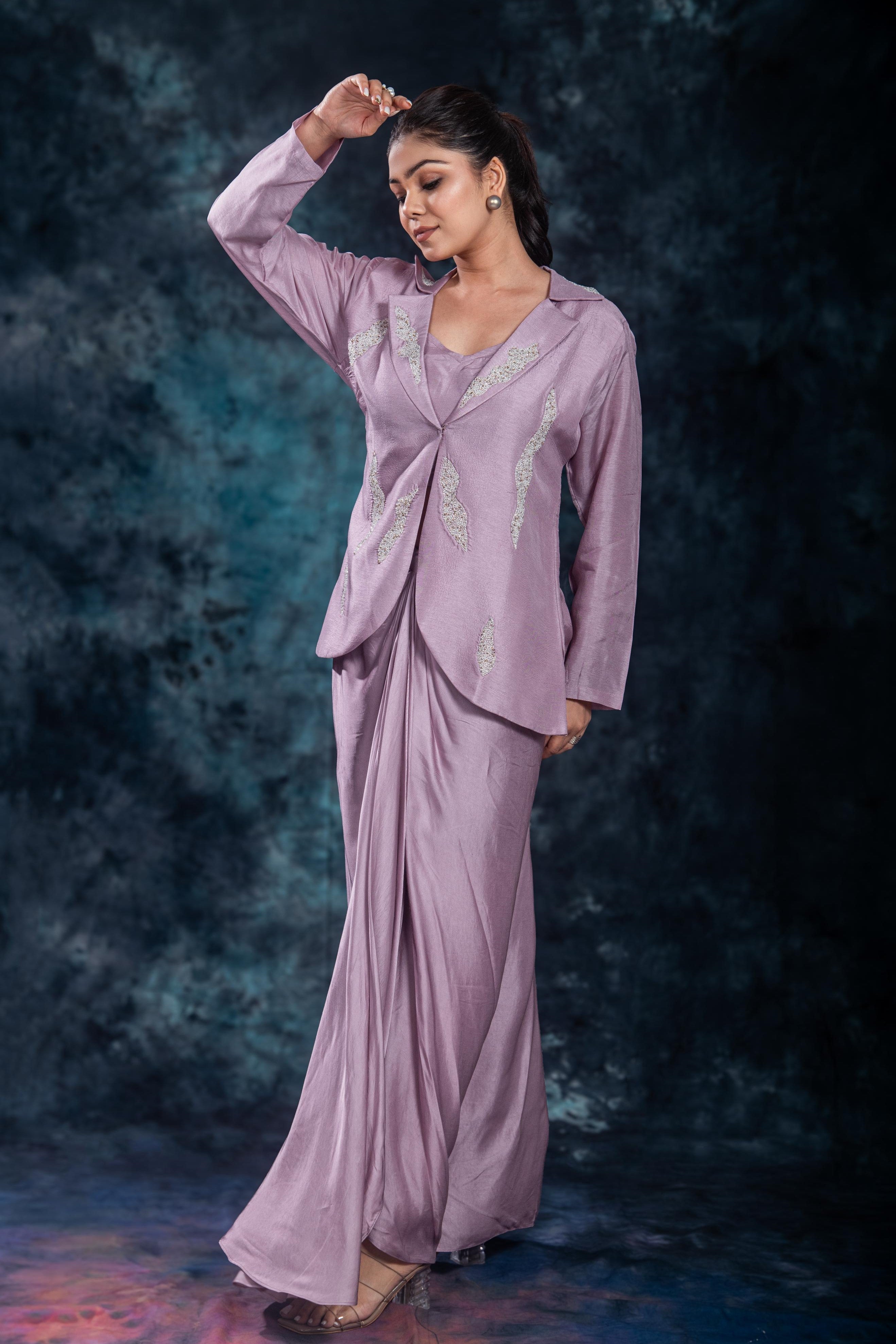 Lilac Mauve Embellished Raw Silk Skirt Set