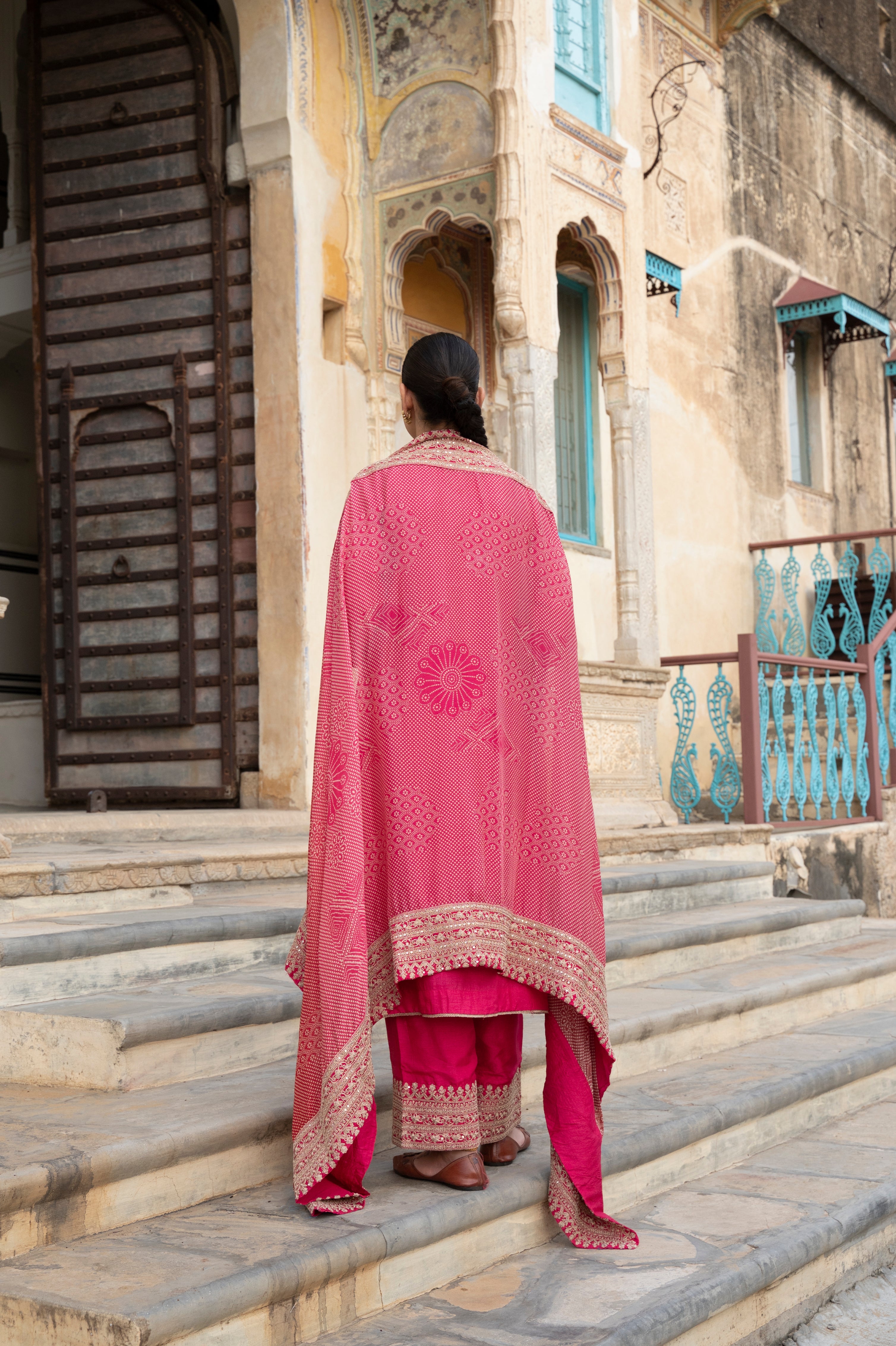 Pink Embellished Pure Dola Silk Pant Set