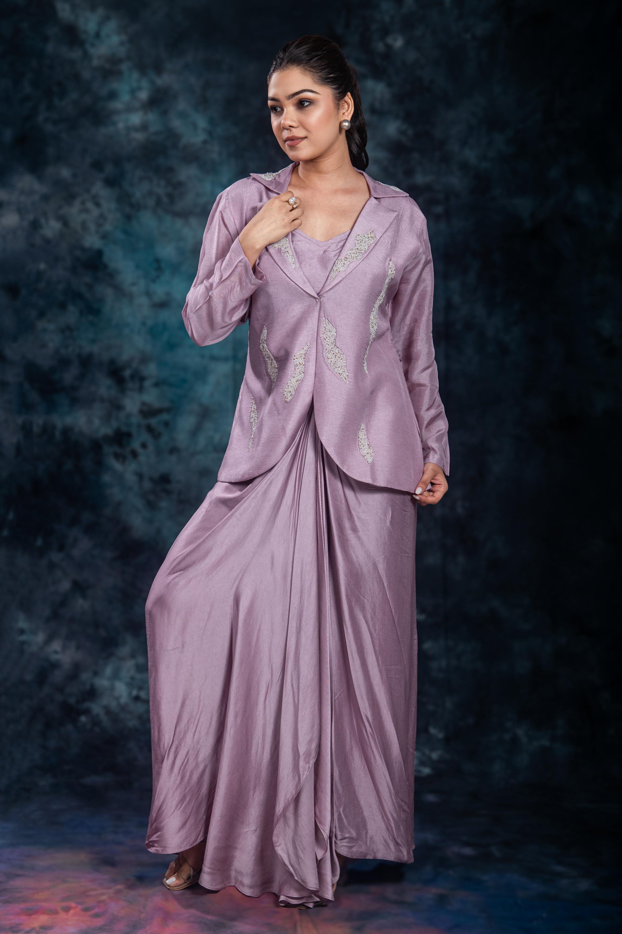 Lilac Mauve Embellished Raw Silk Skirt Set