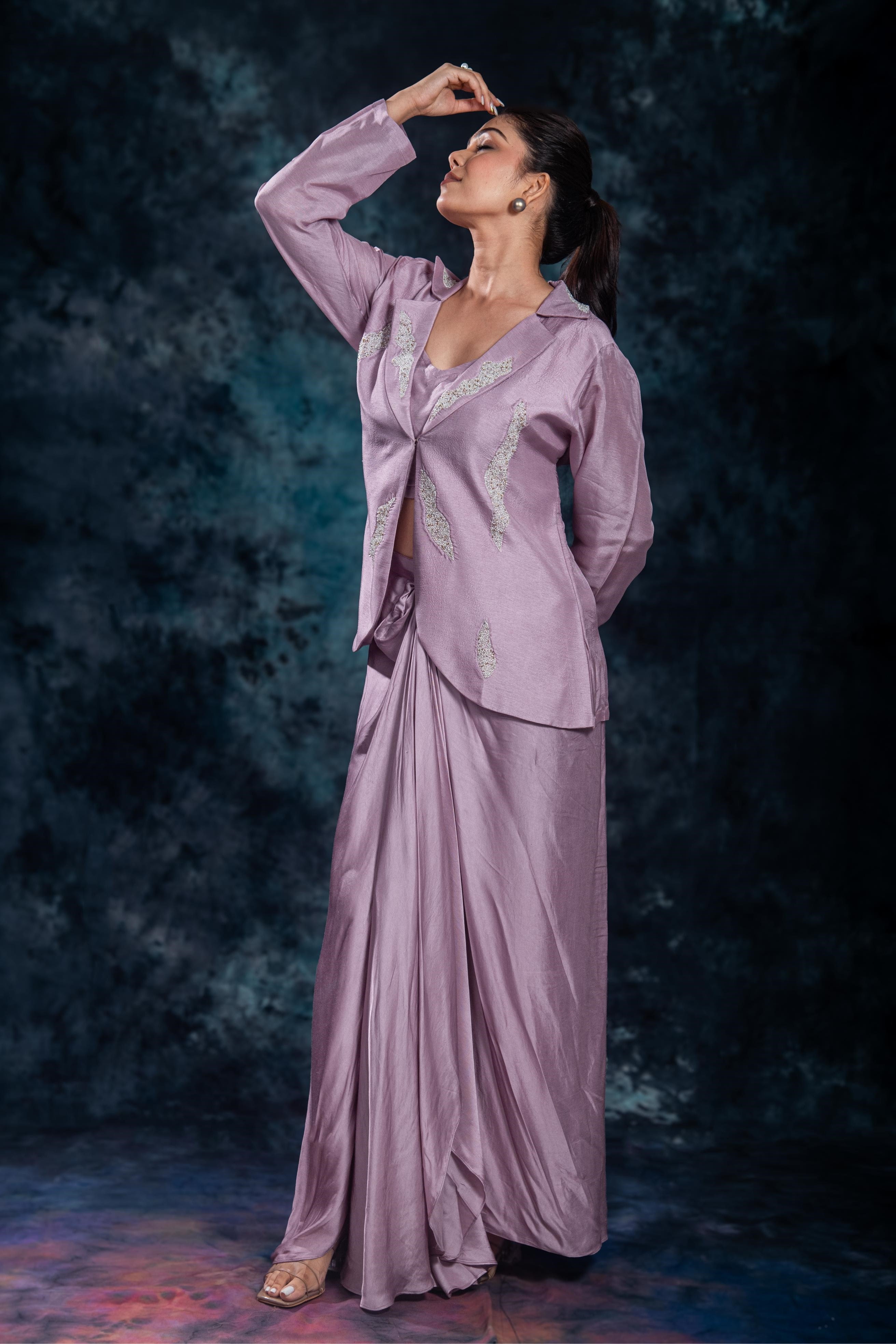 Lilac Mauve Embellished Raw Silk Skirt Set