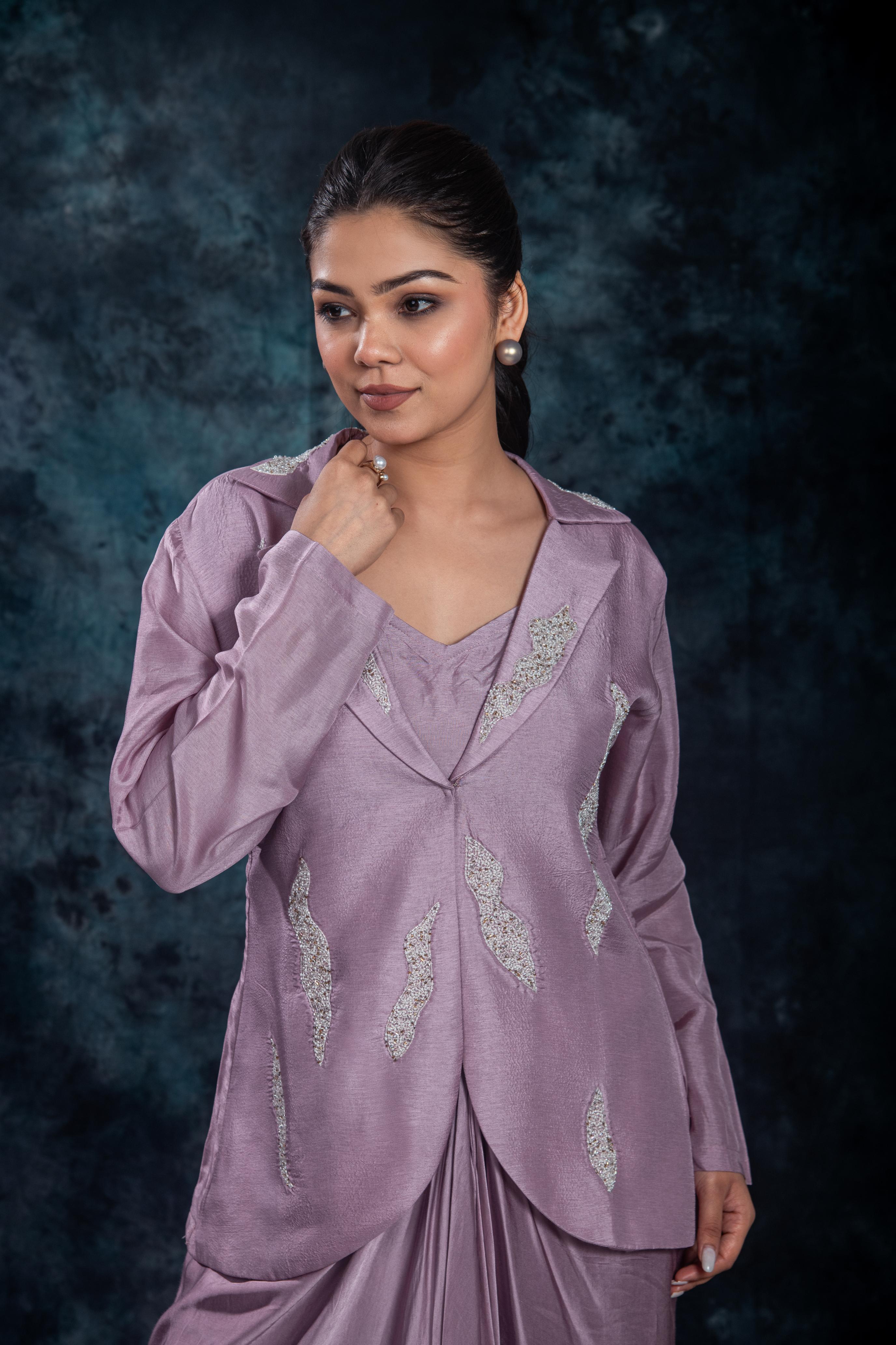 Lilac Mauve Embellished Raw Silk Skirt Set