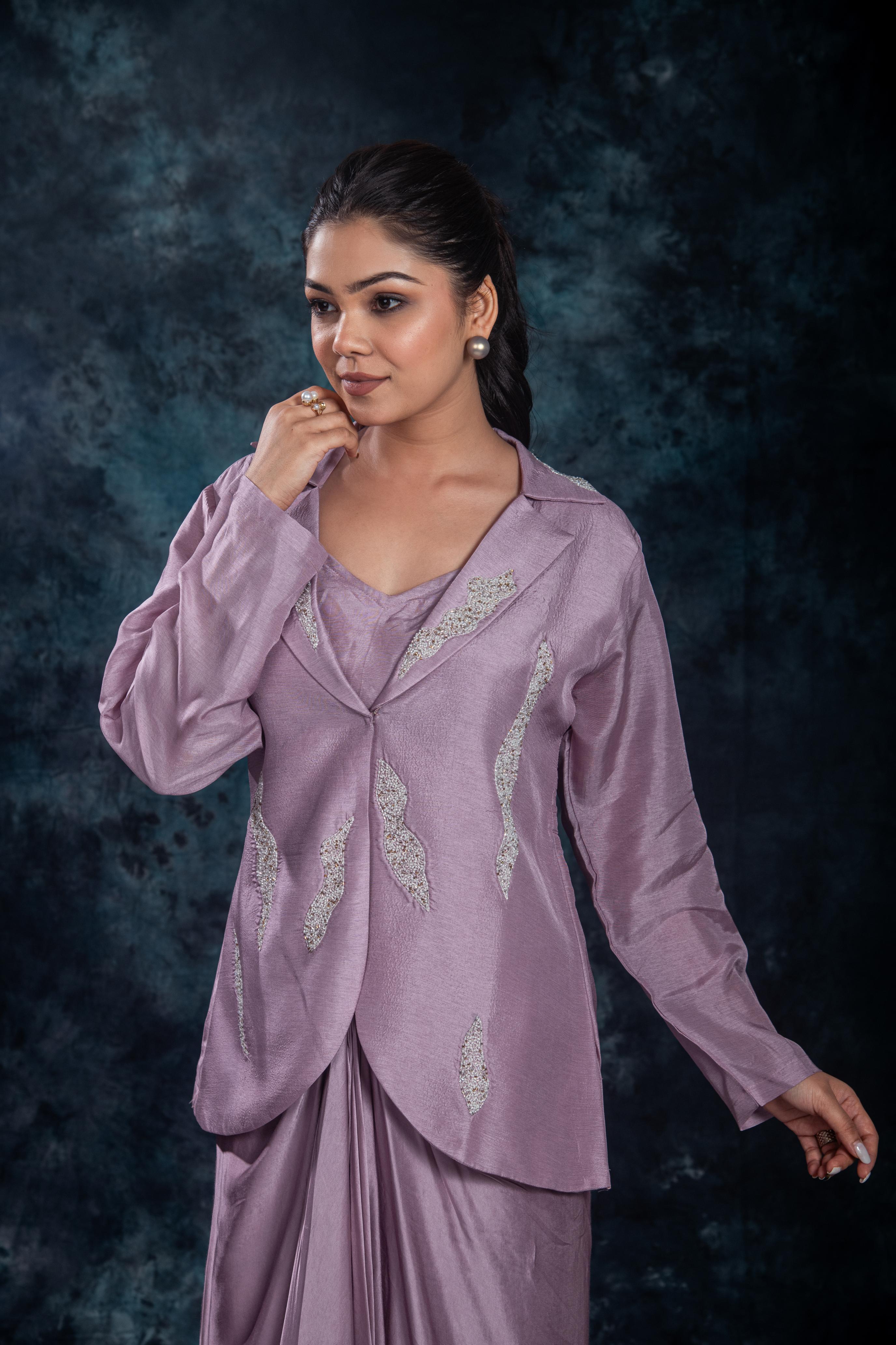 Lilac Mauve Embellished Raw Silk Skirt Set