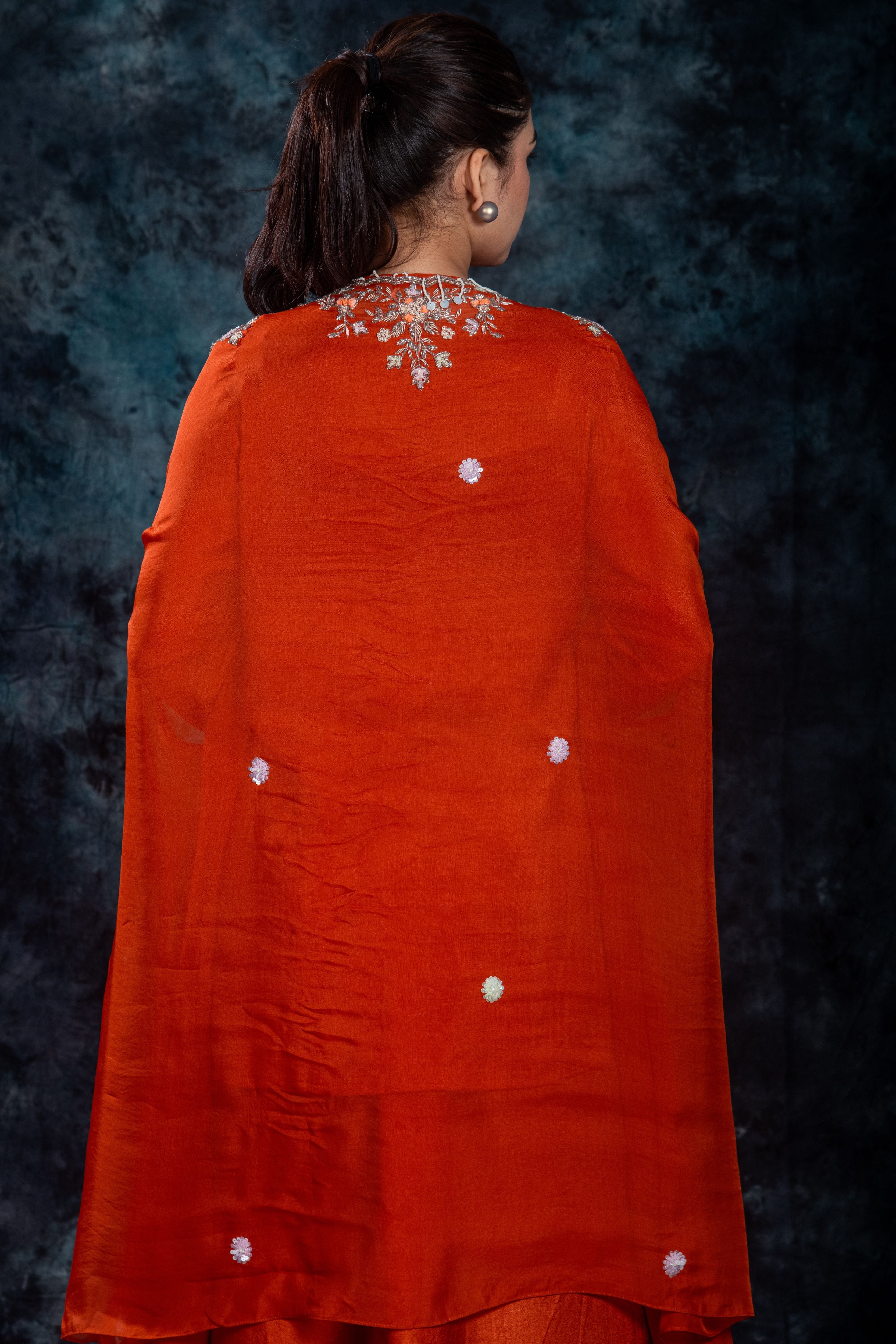Orange Embellished Organza Silk Cape Set