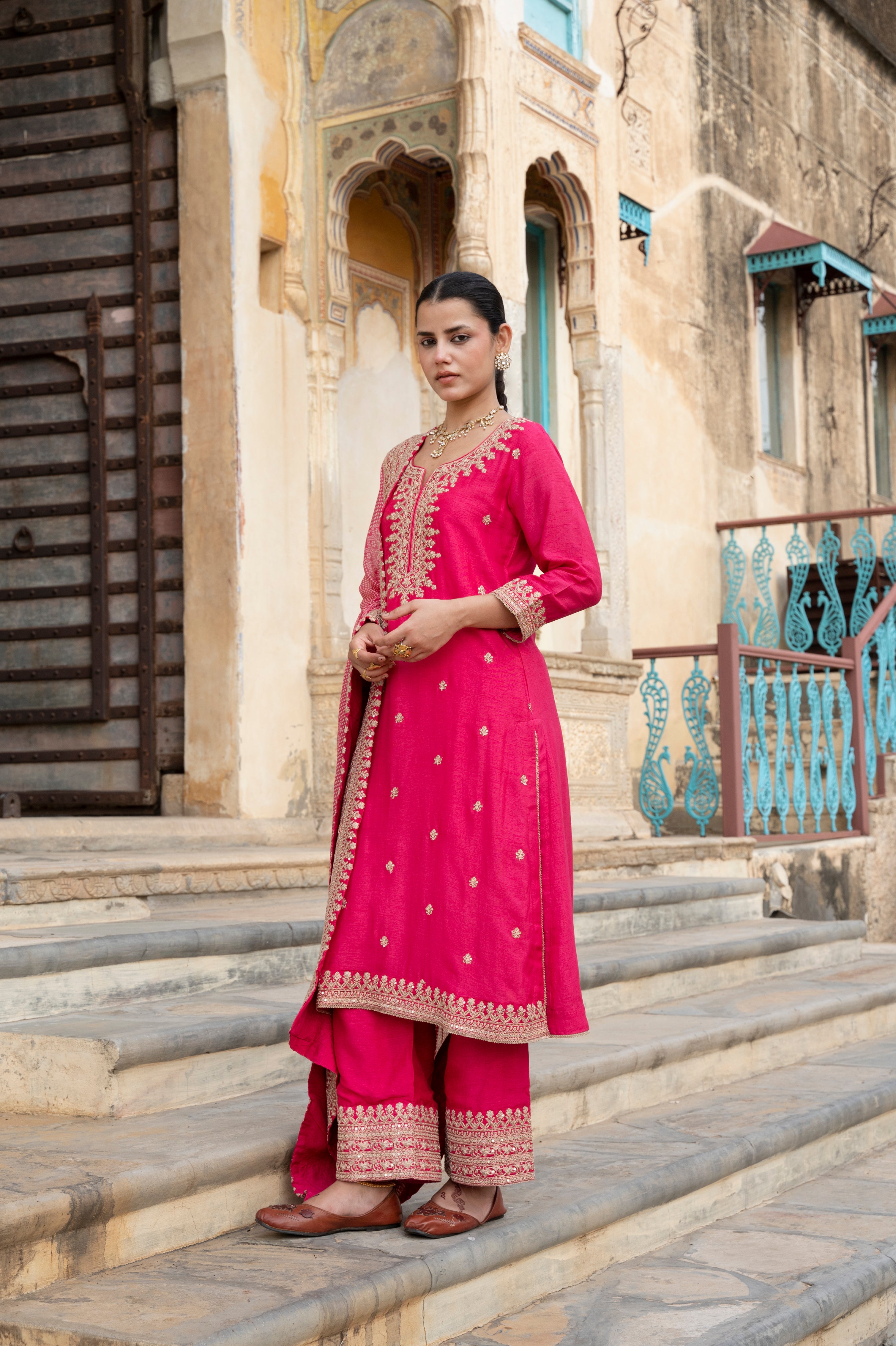 Pink Embellished Pure Dola Silk Pant Set