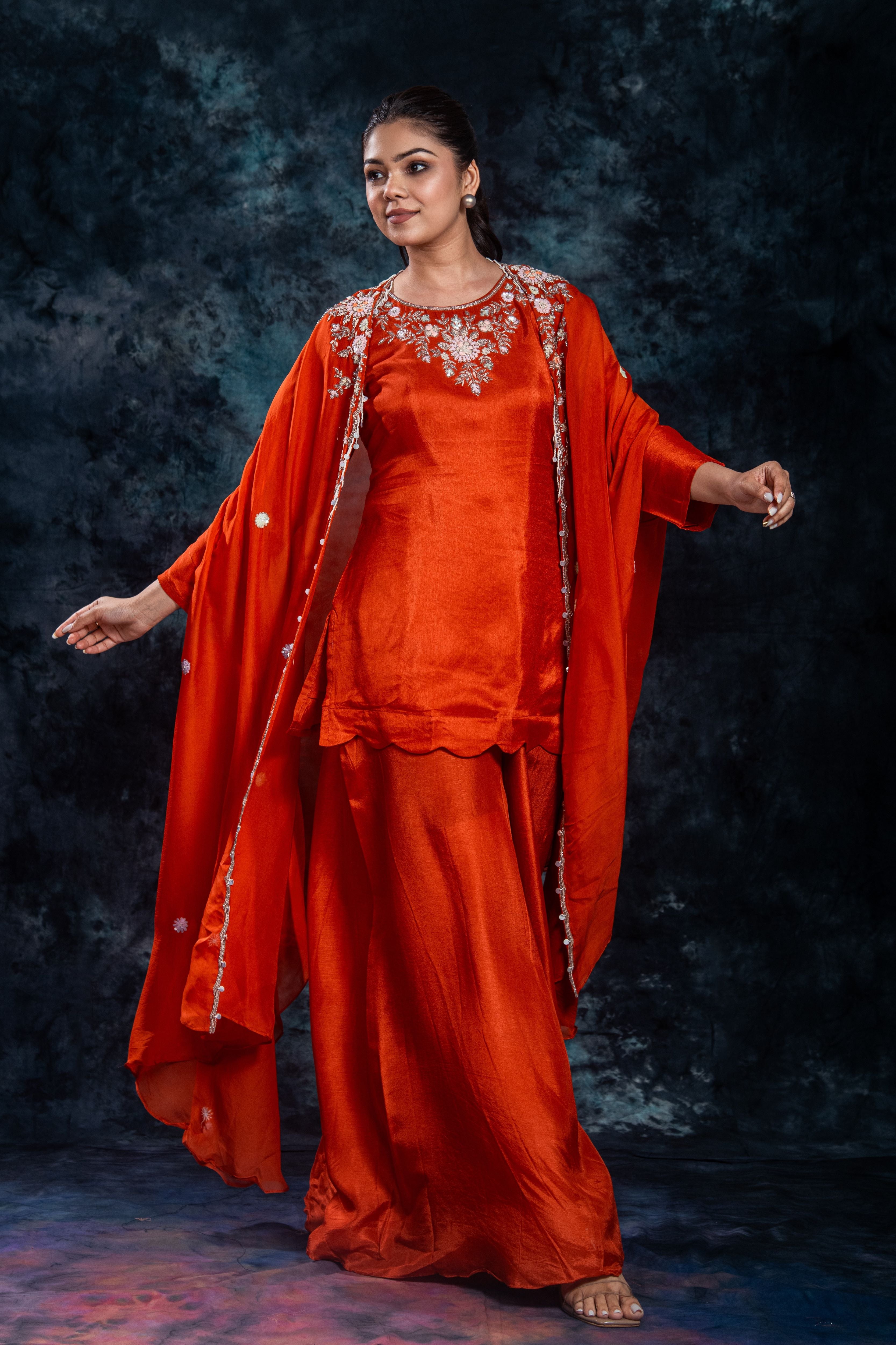 Orange Embellished Organza Silk Cape Set