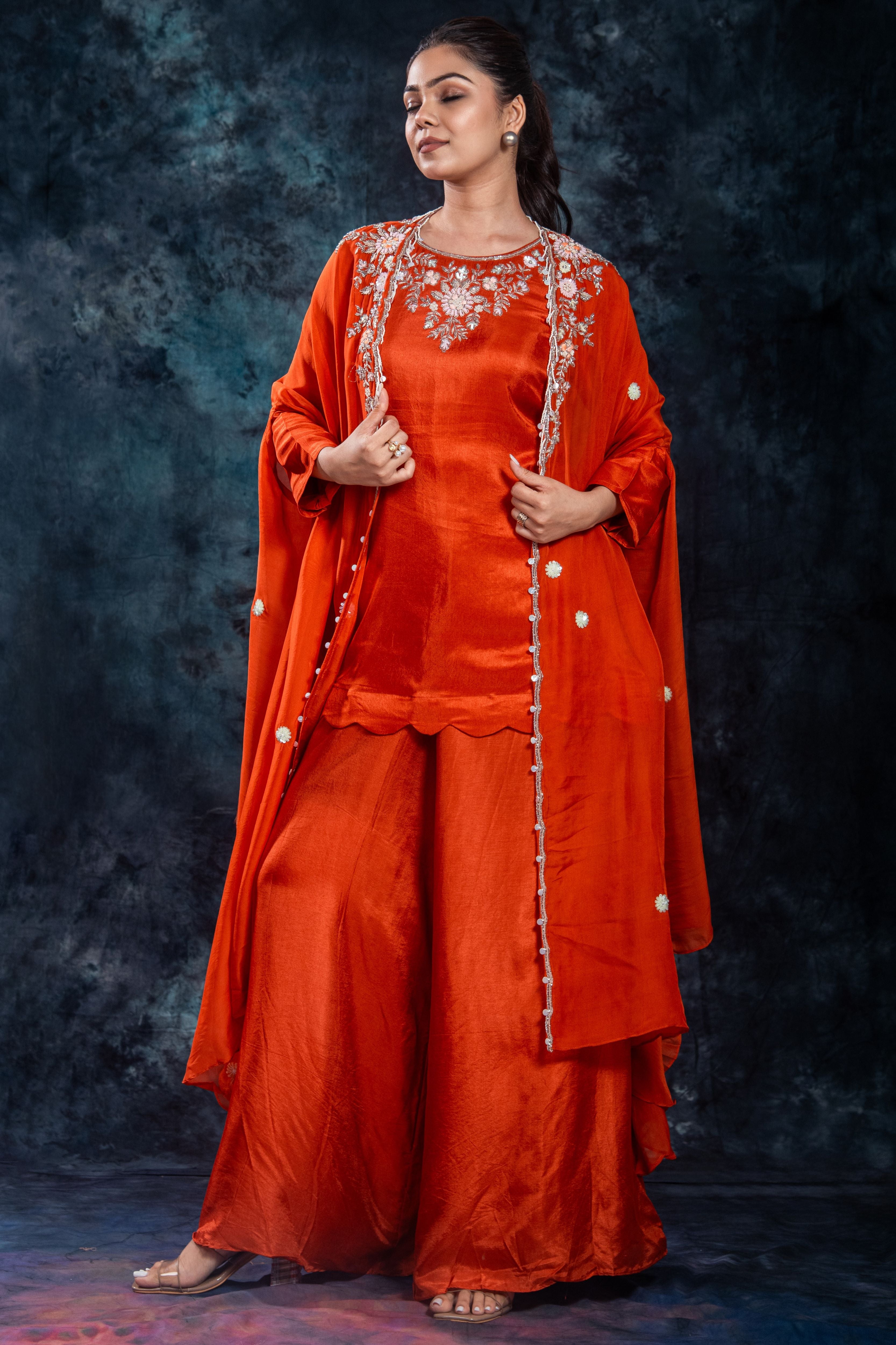 Orange Embellished Organza Silk Cape Set